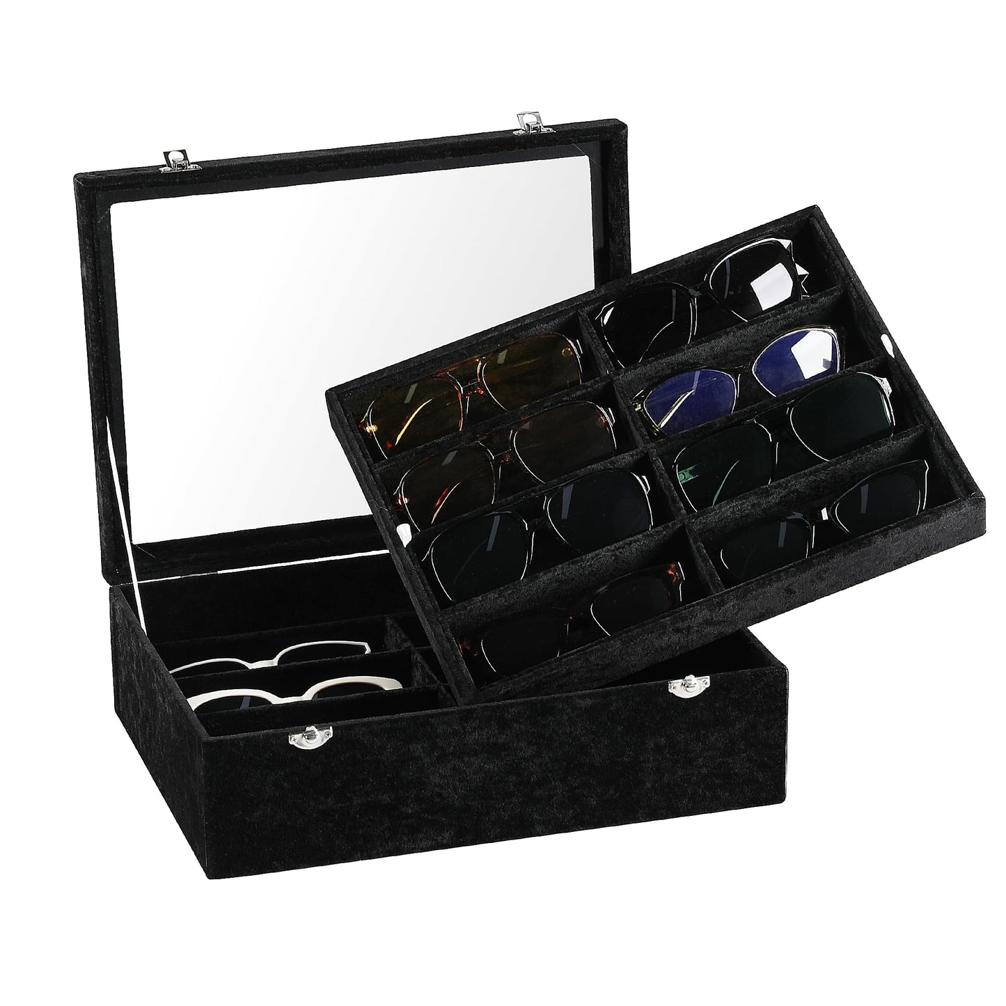 Frebeauty 16 Slots Sunglasses Organizer,2 Layer Velvet Sunglasses Tray with Glass Lid,Multiple Pairs Sunglass Display Case for Man or Woman,13.7 * 10.25 * 4.1 Inches Eyeglass/Eyewear Box (Black)