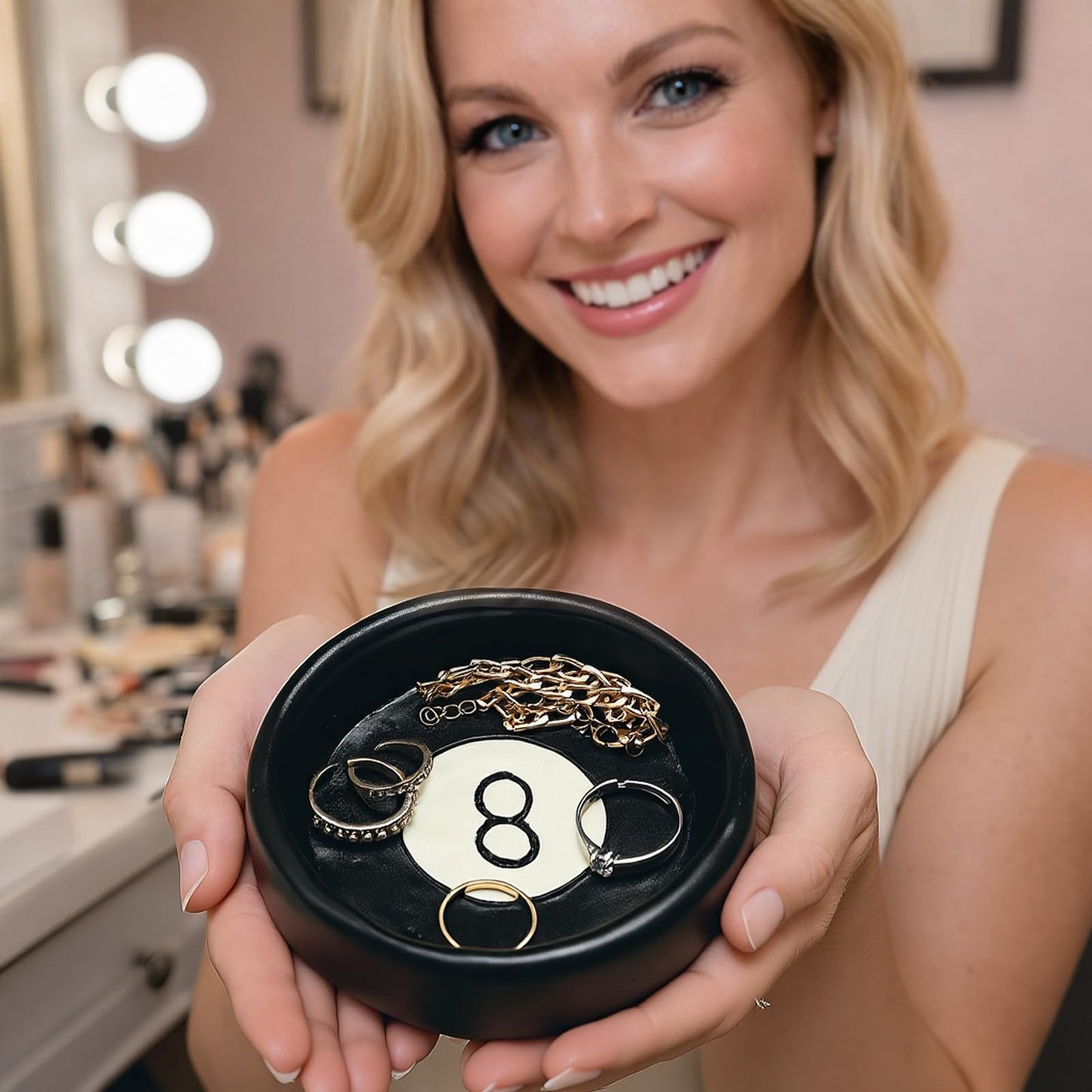 Roowest Black Ball 8 Jewelry Tray Trinket Dish 8 Ball Jewelry Tray Dish Desk Decor Resin Earrings Necklaces Watch Key Home Decor Gift for Women Cute Plate Bowl Room Aesthetic
