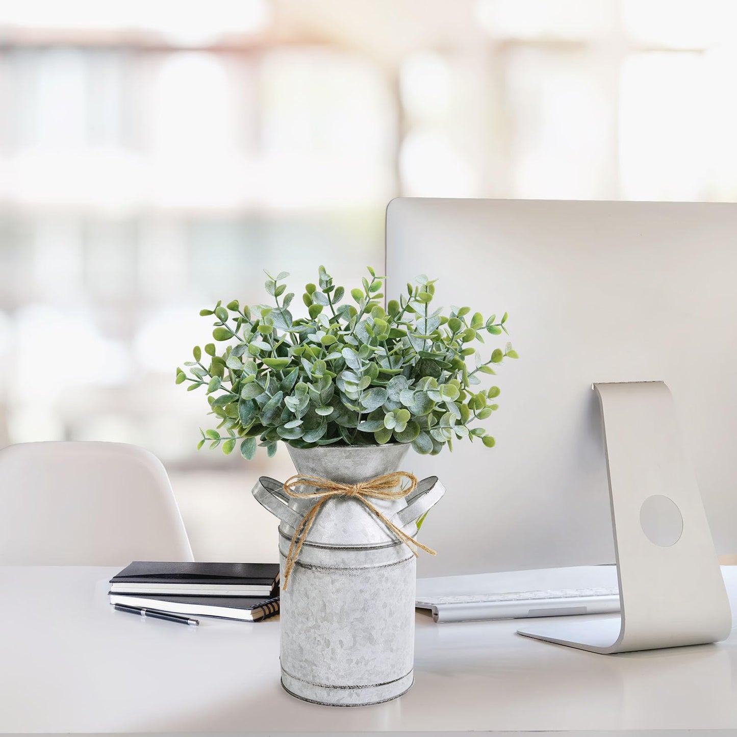 Winlyn Farmhouse Galvanized Metal Milk Can with Artificial Eucalyptus Greenery Arrangement Fake Plants Farmhouse Centerpieces 11.8" Tall for Rustic Country Wedding Home Table Tiered Tray Shelf Décor