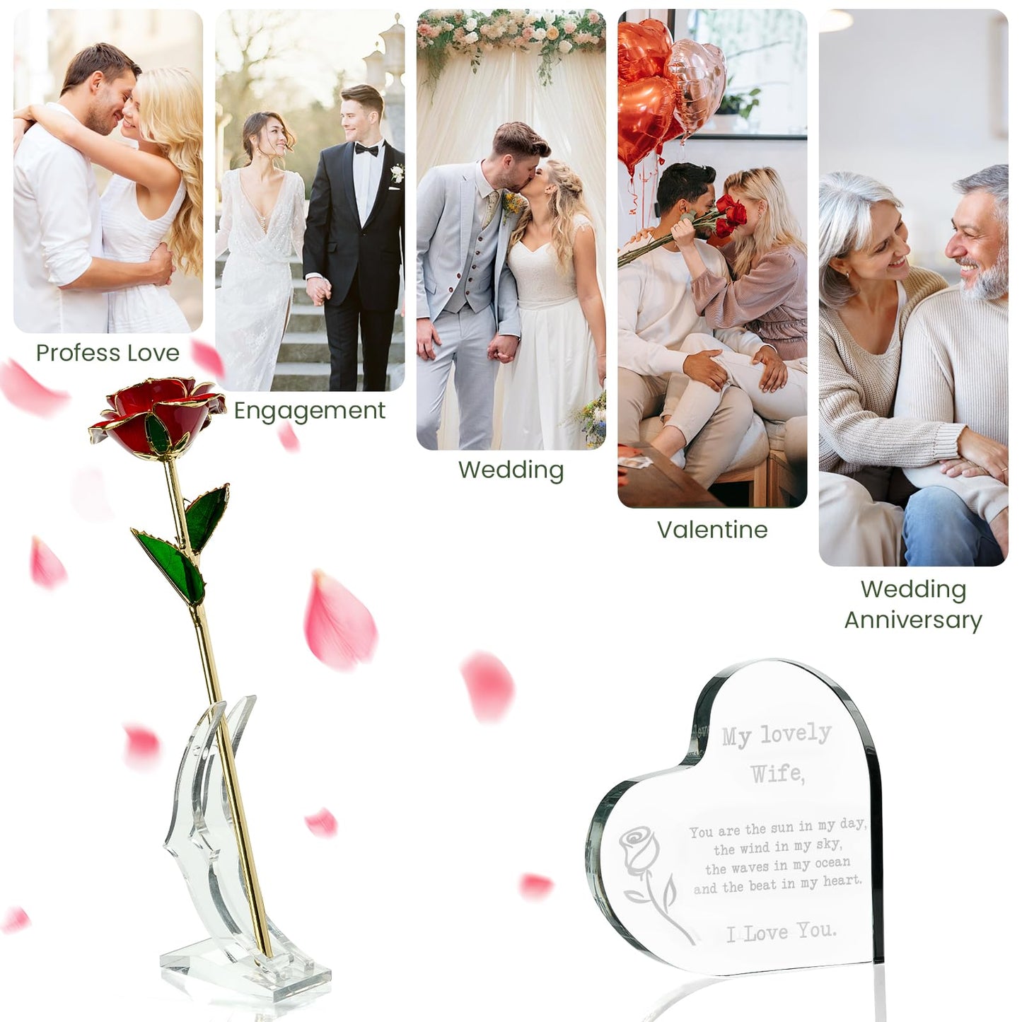 Zyphlux Anniversary|Birthday Gifts for Wife-Engraved Wooden Set'To My Wife' with Crystal Heart & 24k Gold Dipped Rose from Husband -Romantic Valentines Gifts Ideas for Her