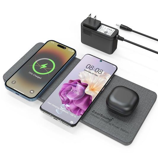ZealSound Wireless Charging Pad, 3 in 1 Charger Mat for iPhone, Samsung Galaxy, Pixel, AirPods & Galaxy Buds, 24W Adapter Included, Ultra Slim, Case Friendly, PU Leather, Home Office & Travel, Gray