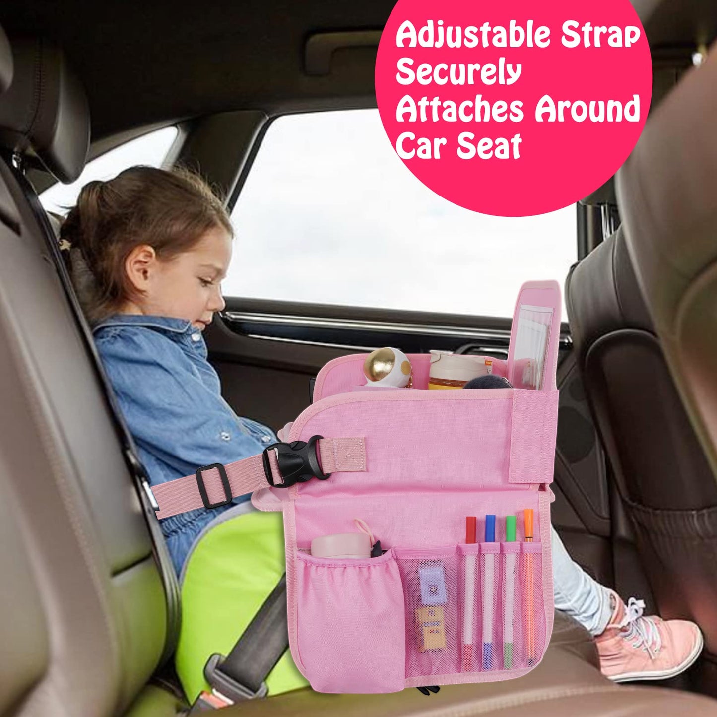 MENZOKE Kids Travel Tray, Car Seat Table Tray, Road Trip Essentials with Educational Drawing Board, Tablet Holder & Cooler Cup Holder, Travel Table for Kids Gifts in Car, Airplane, Multicoloured