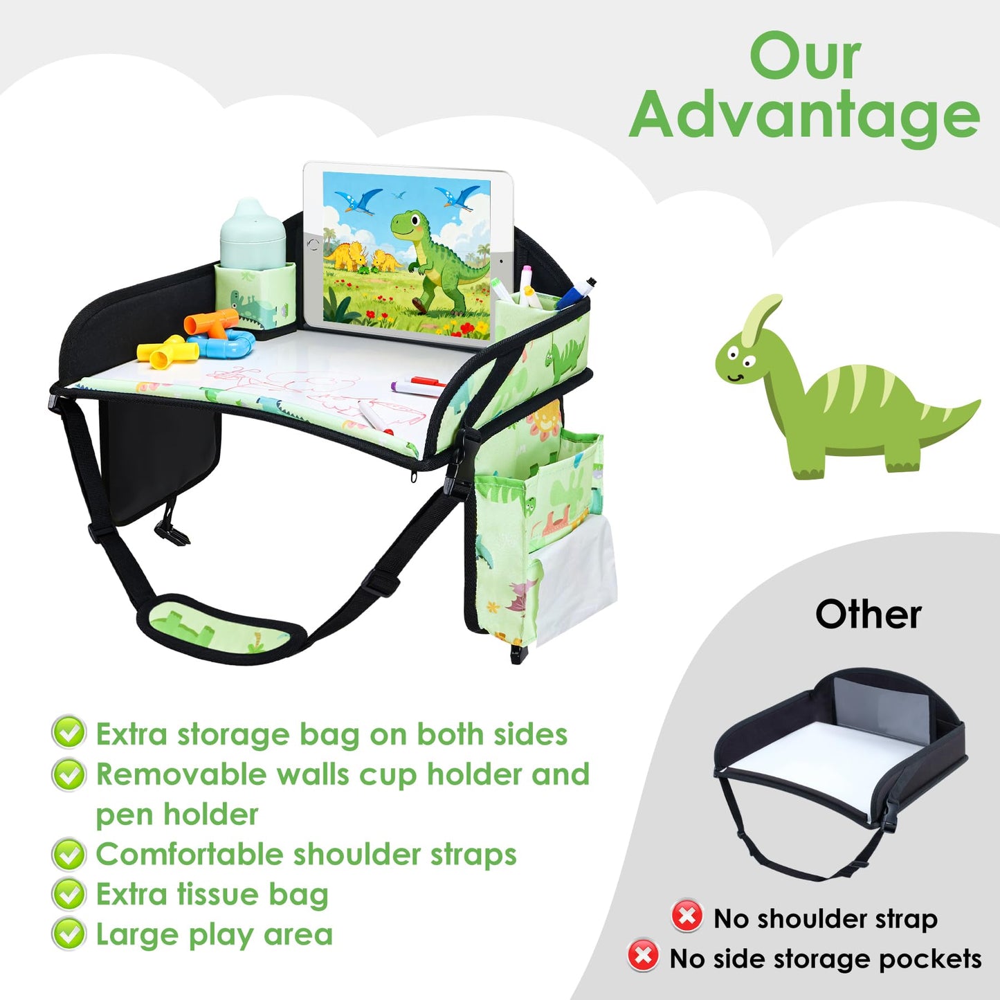WENRENER Kids Travel Tray, Car Seat Tray for kids Travel, Toddler Road Trip Essentials With Drawing Kit, Toddler Lap Desk Organizer for Car, Carseat Table for Airplane