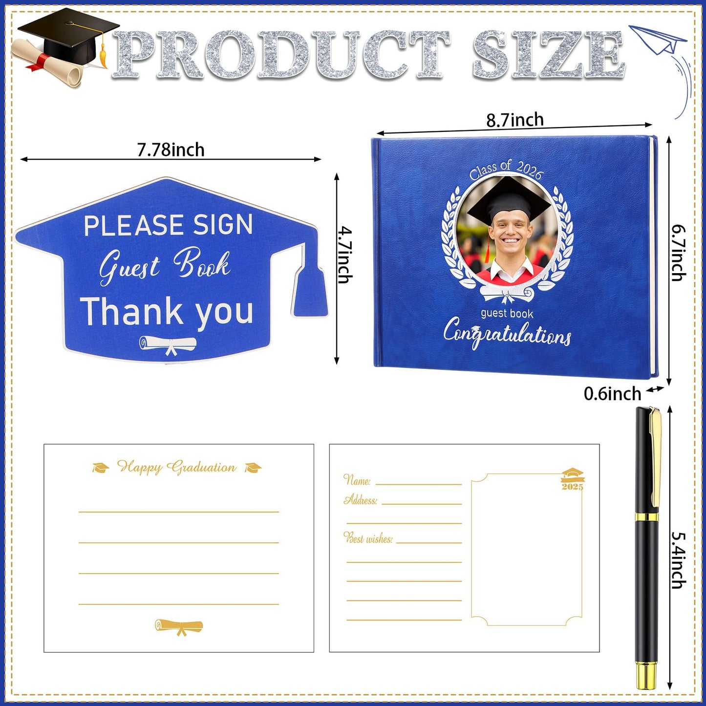 Pasimy Leather Graduation Guest Book with Grad Stand and Signature Pen 2026 Guest Sign in Book Grad Memory Registry Guestbook for College High School Graduation Party Gifts Supplies(Blue Silver)