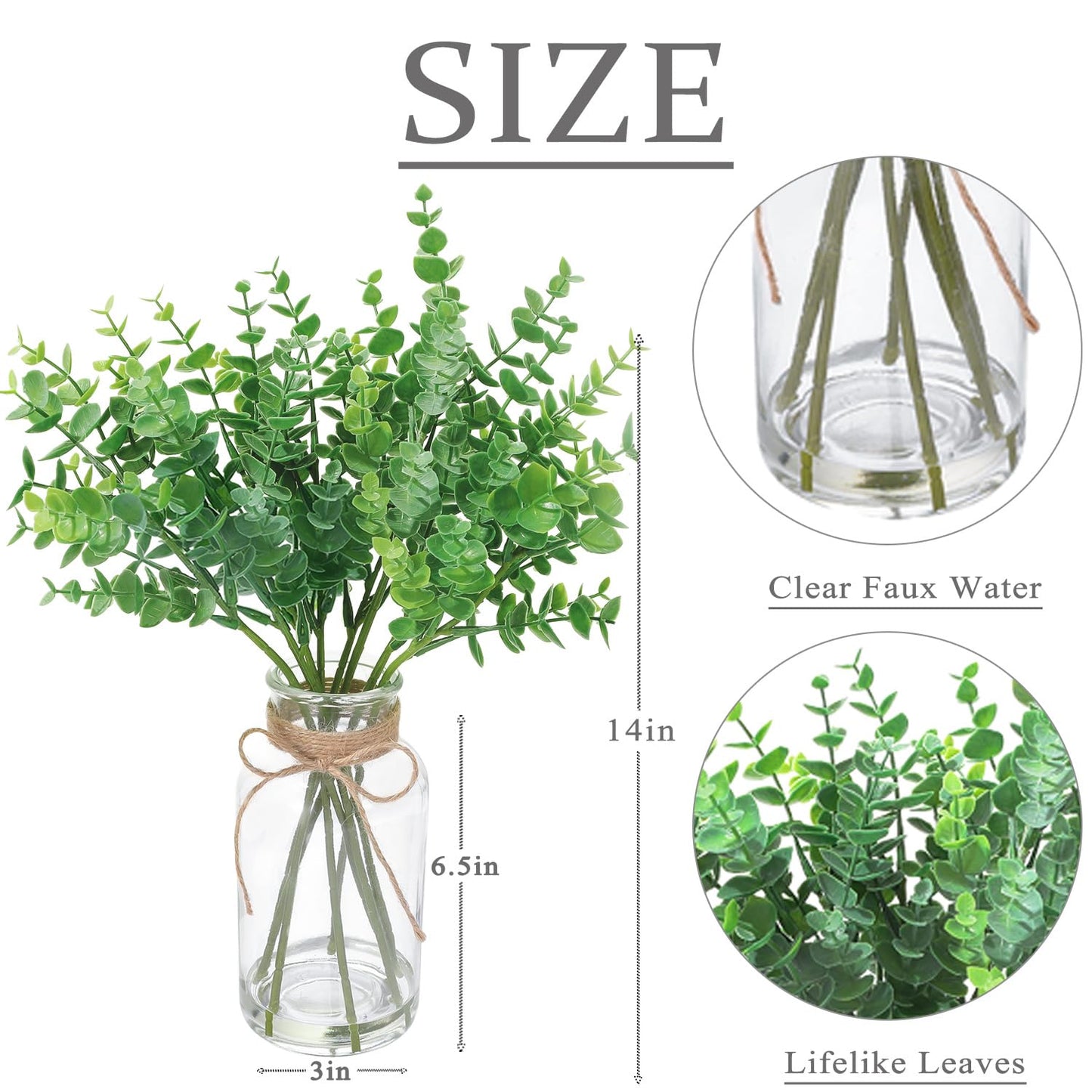 gonfaci Fake Eucalyptus Stems in Glass Vase with Faux Water, 14" Artificial Plants Eucalyptus Leaves for Shelf Desk Bathroom Farmhouse Room Coffee Table Home Decor (Sage Green)