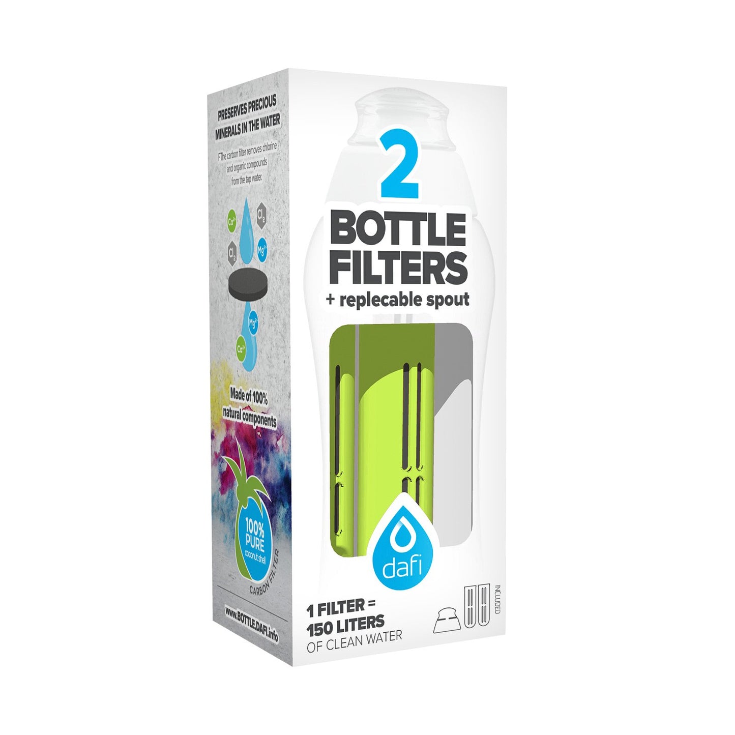 DAFI Water Bottle Filters and Cap Replacements Green | 2-Pack | Last up to 60 Days | Hiking Water Filter, Personal Filtered Water Bottle, Camping Water Filter | BPA-Free | Made in Europe