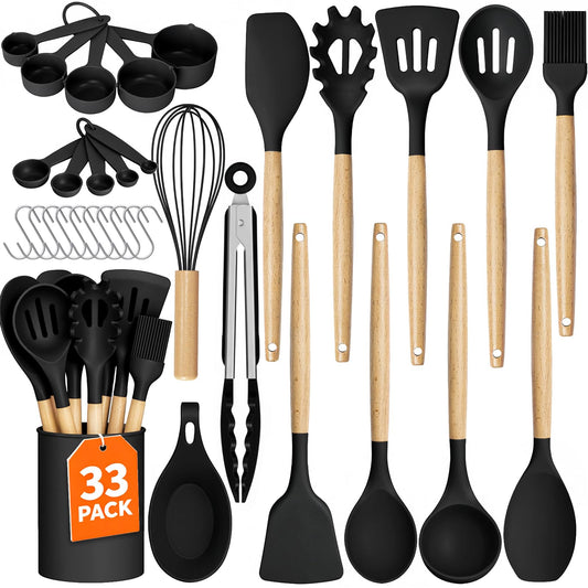 WISELIFE Kitchen Utensils Set - 33 PCS, Heat-Resistant Silicone Cooking Utensils Set with Wooden Handle, BPA-Free Kitchen Gadgets Spatula Sets with Holder for Nonstick Cookware (Black)