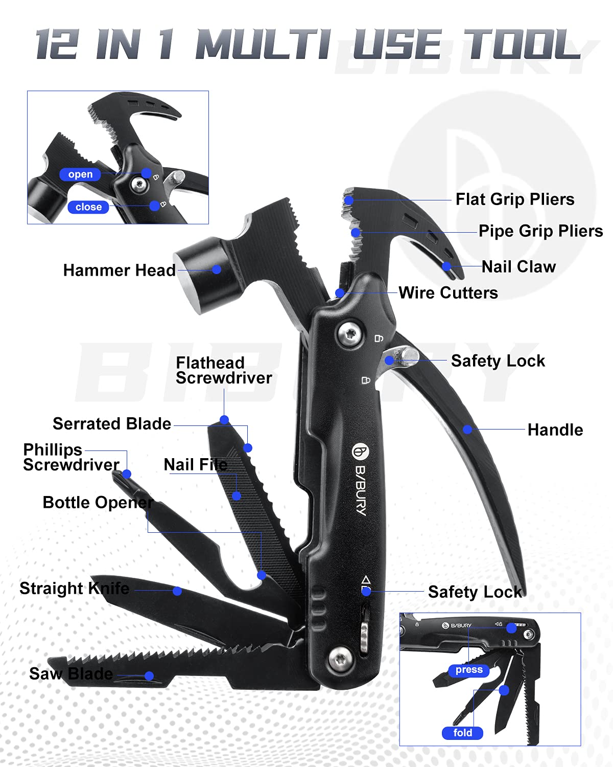 BIBURY Hammer Multitool, Fathers Day Gift from Daughter Son Wife, 12-in-1 Survival Gear Outdoor Multi Tool, Anniversary Birthday Gifts for Men, Cool Gadgets Survival EDC Multi-Tool