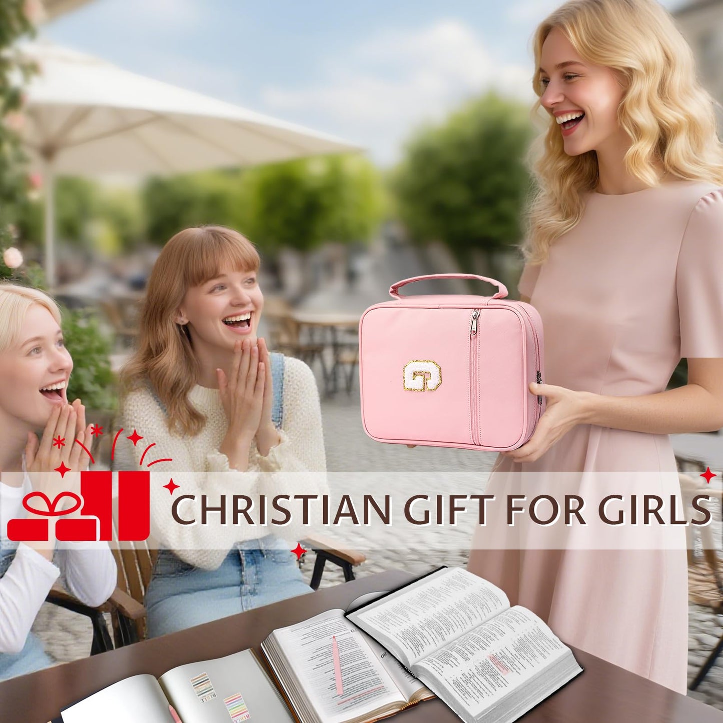 WOBAGMEN Bible Cover for Women,Pink PU Leather Personalized Bible Case with Bible Study Supplies,Including Tabs and Highlighter Set, Faith Chiristain Gift for Women Girls (Pink, G)