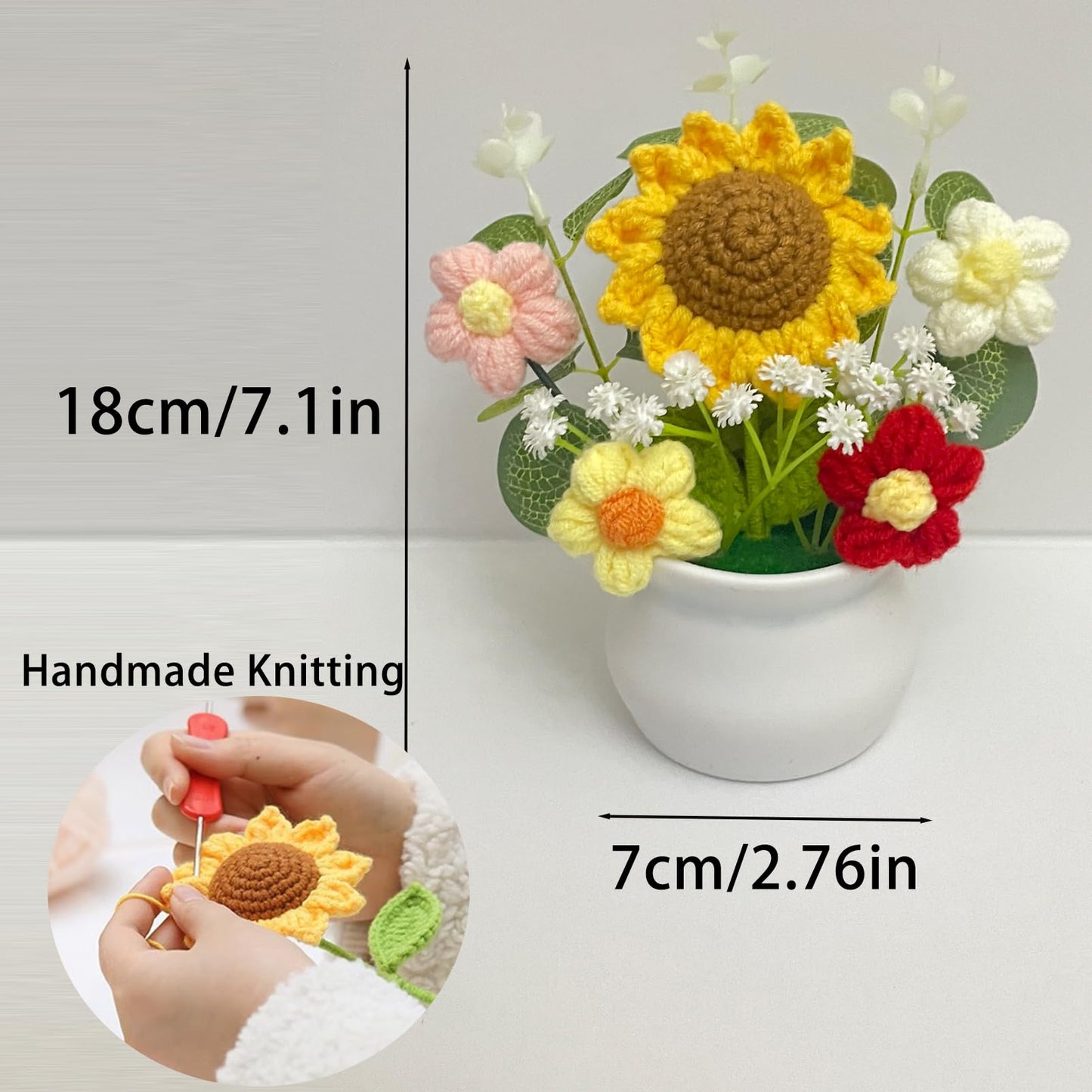 YUNBIAOSEN Handmade Crochet Sunflower Potted Plants Knitted Floral Decor for Office Desk, Car Dashboard, Unique Birthday Gifts for Women, Mom, Teacher (Sunflower Puff, 4 Pack, 7.1 x 2.76 Inches)