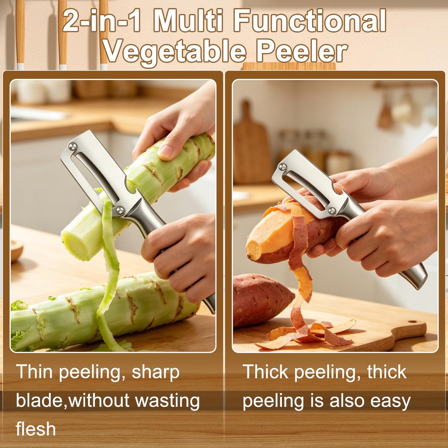 2Pc Multi-Functional Vegetable Peeler for Kitchen,2026 New Stainless Steel Peeler with Wooden Handle and Bottle Opener,2 in 1 Stainless Steel Kitchen Tool for Fruit Apple Potato Pumpkin Slicer(Sliver)