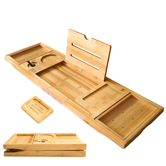 XcE Foldable Bamboo Bathtub Caddy Tray - Expandable to 41 Inches with Non-Slip Pads & Book Stand for Couples Luxury Bath