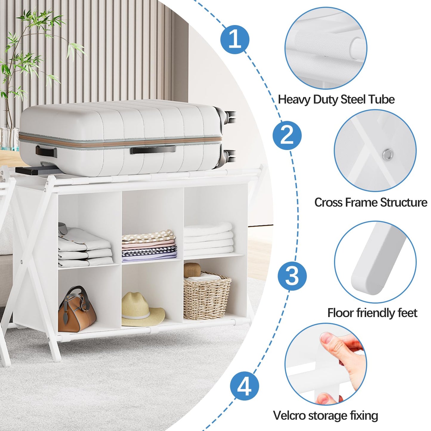 Huhote Luggage Rack for Guest Room, Folding Suitcase Stand with 6-Cube Fabric Storage Shelf, Luggage Holder, Steel Foldable Luggage Stand for Guest Room, Bedroom, Hotel, White