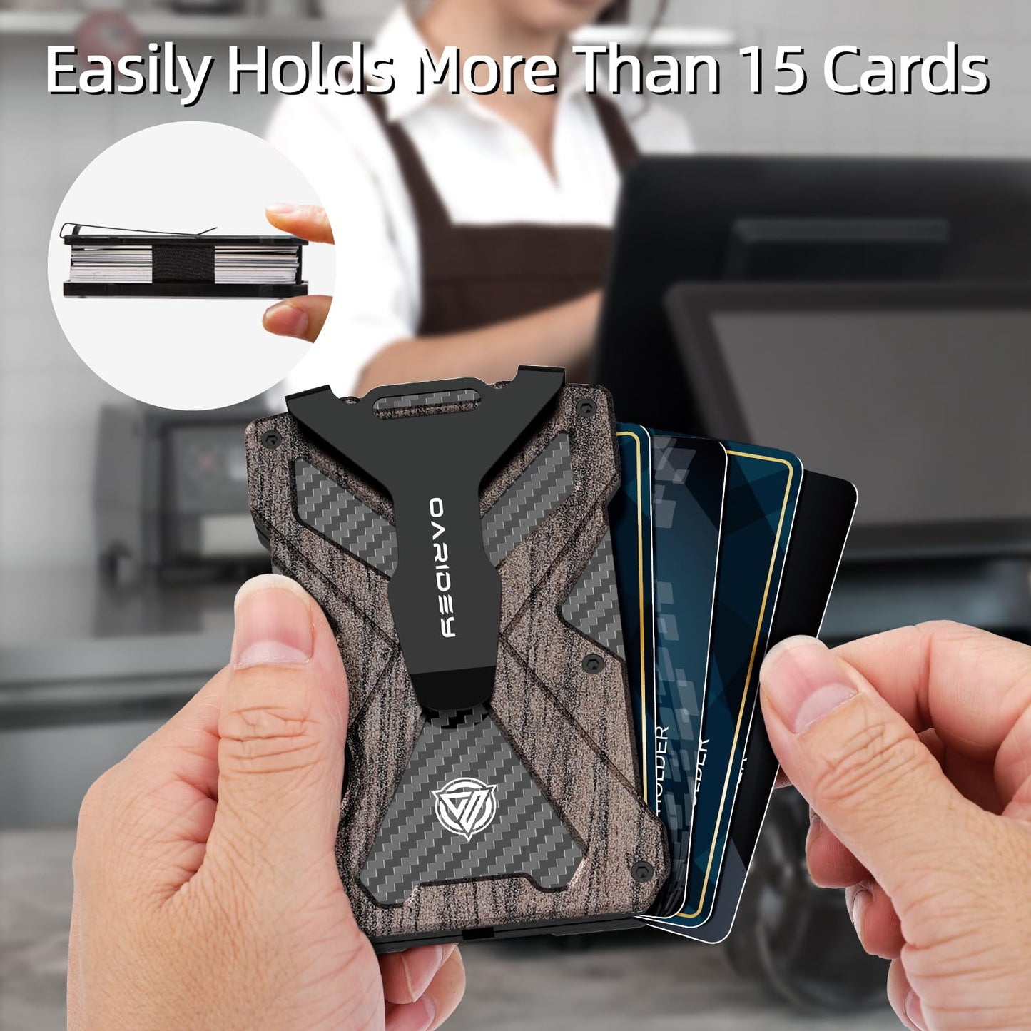 Minimalist Wallet for Men- Slim Aluminum Metal Money Clip Wallet with Clear ID Card Holder, Carbon Fiber Wallet, RFID Blocking,Holds up 15 Cards with Cash Clip,Ultra-Thin Tactical Wallet - Walnut Wood