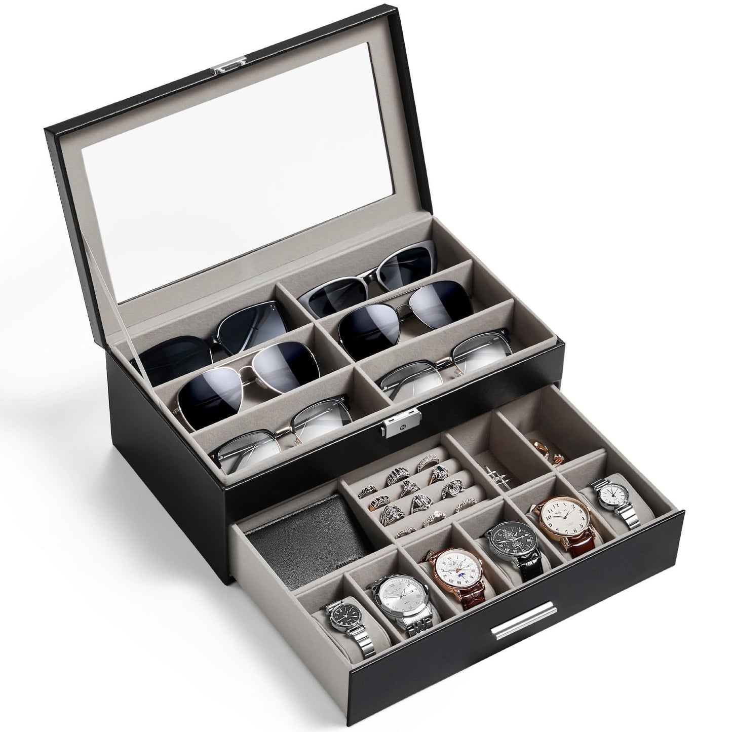 Lifewit 2- layer Sunglasses Organizer with Glass Lid, 6 Slots eyeswear and Watch box, Spaces for Rings, Brooch, Multiple Eyeglasses Display Case for Men, Inky Black, 35 x 20 x 13 cm/14 x 8 x 5 inch