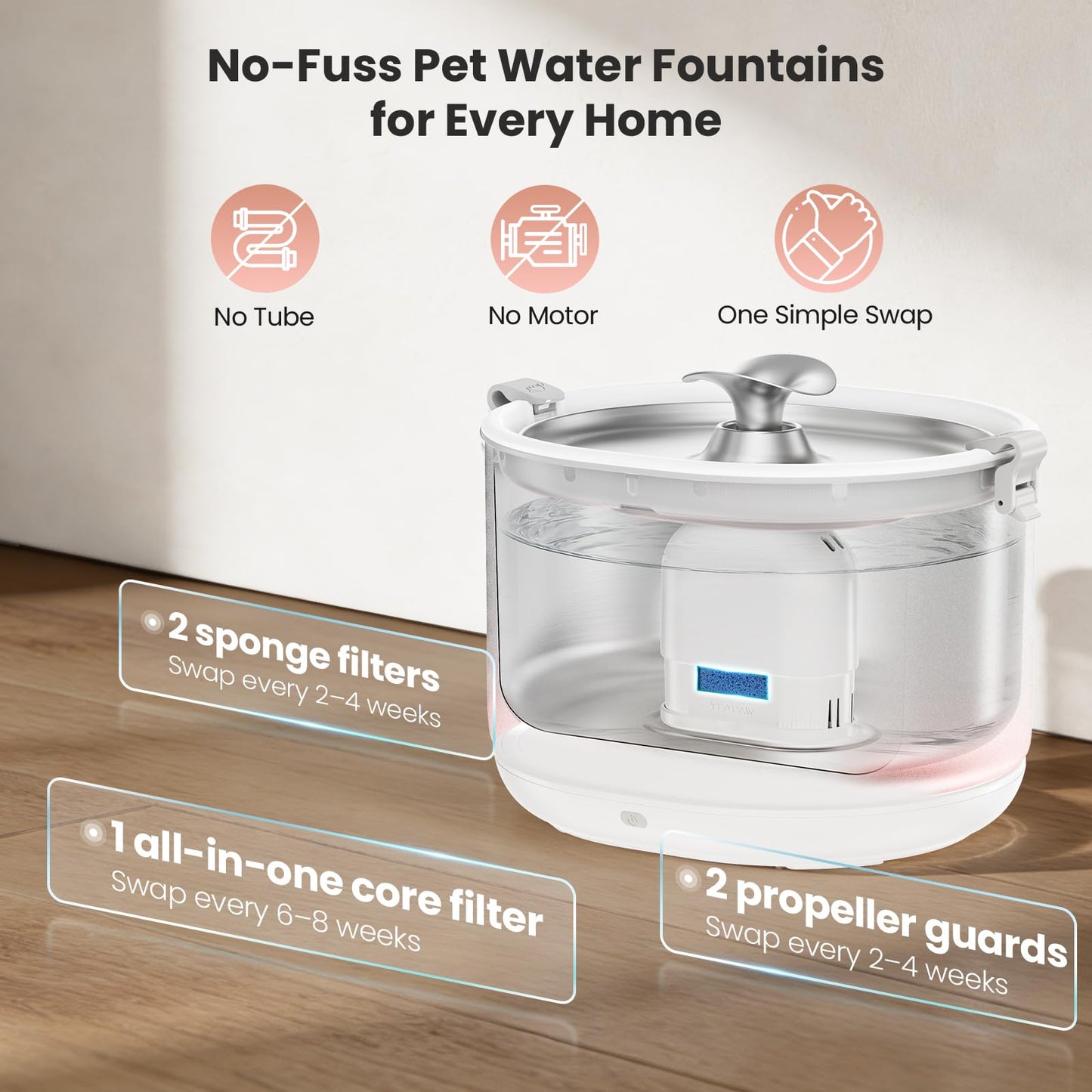 YEAPAW Cat Water Fountain Pumpless Stainless Steel Buckets & Bowl Wireless Pet Water Fountain 2.5L Water Fountains for Cats Indoor Dispenser Easy to Clean BPA -Free White