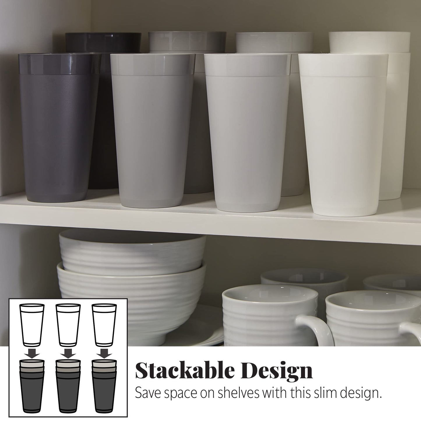 US Acrylic Newport 20 ounce Unbreakable Plastic Stackable Water Tumblers in Grey Stone | Set of 12 Drinking Cups | Reusable, BPA-free, Made in the USA, Top-rack Dishwasher and Microwave Safe