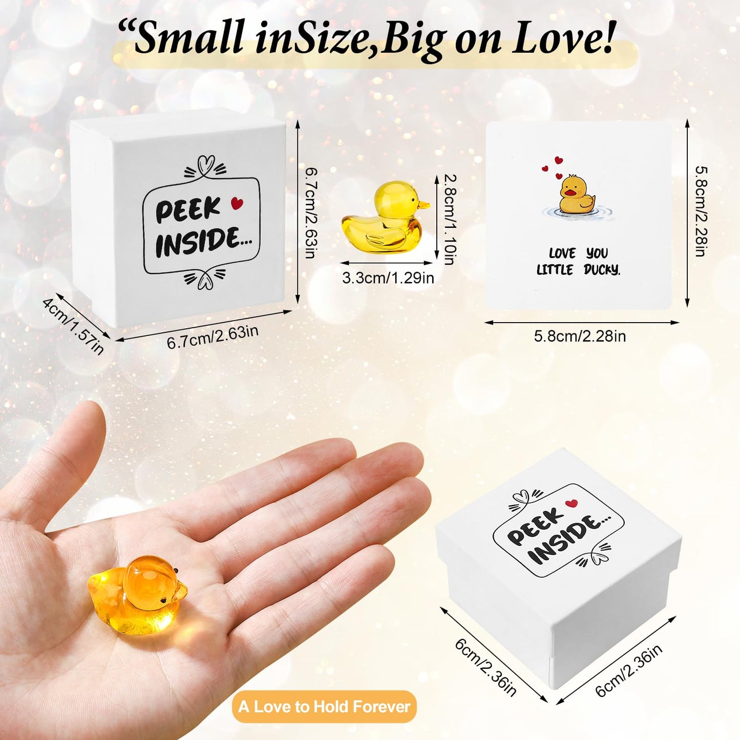Ovveroche Yellow Glass Ducky Figurine, Mini 3D Crystal Duck Keepsake, Small Animal Ornament with Gift Box &Greeting Cards,Gift for Her, Mom, Daughter, Valentine Birthday Home Desk Decor