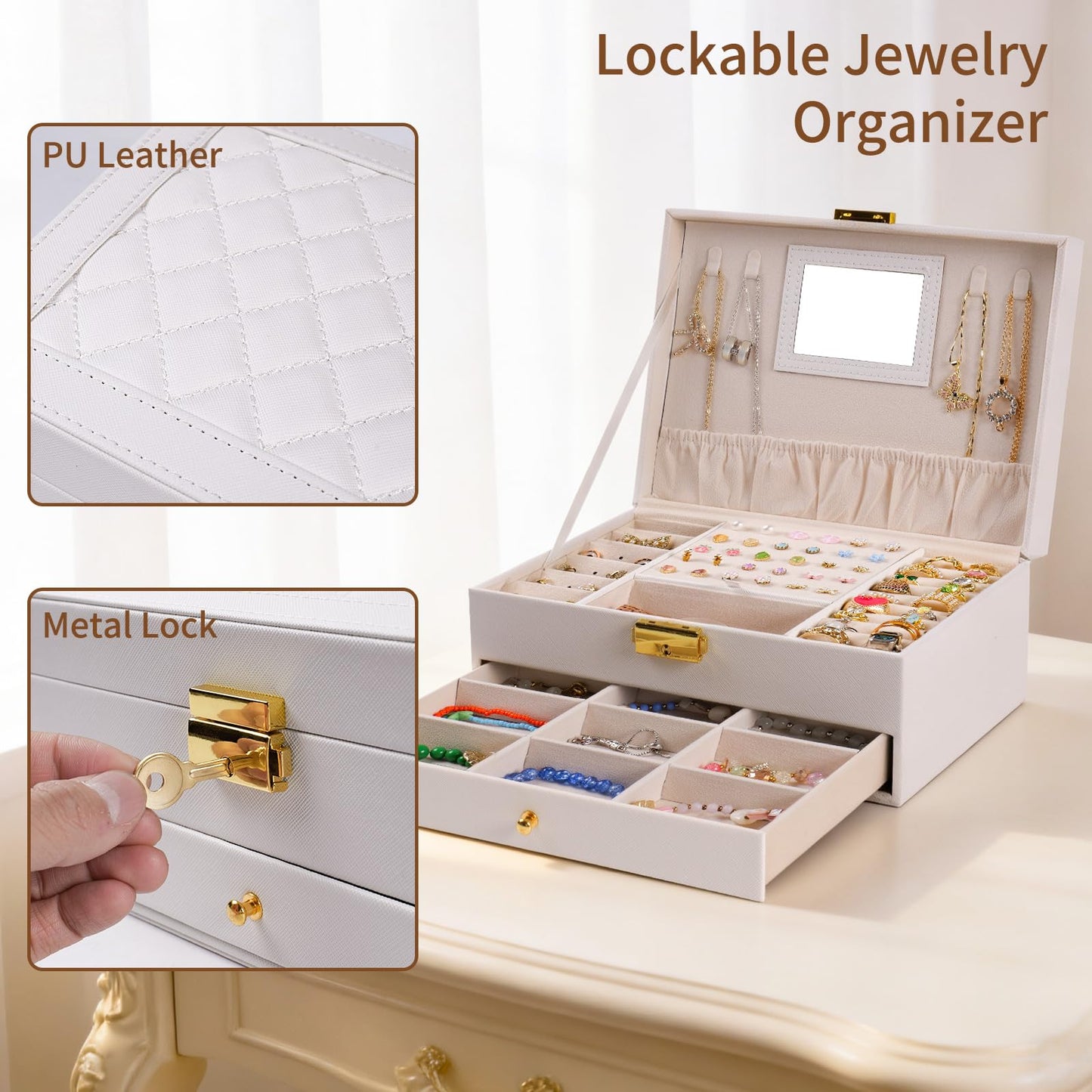 coobest Jewelry Box, 2 Layer Jewelry Organizer with Velvet Earring Organizer, Jewelry Holder Organizer Travel, White Jewelry Boxes for Women, Jewelry Boxes & Organizers for Girls, Christmas Gifts