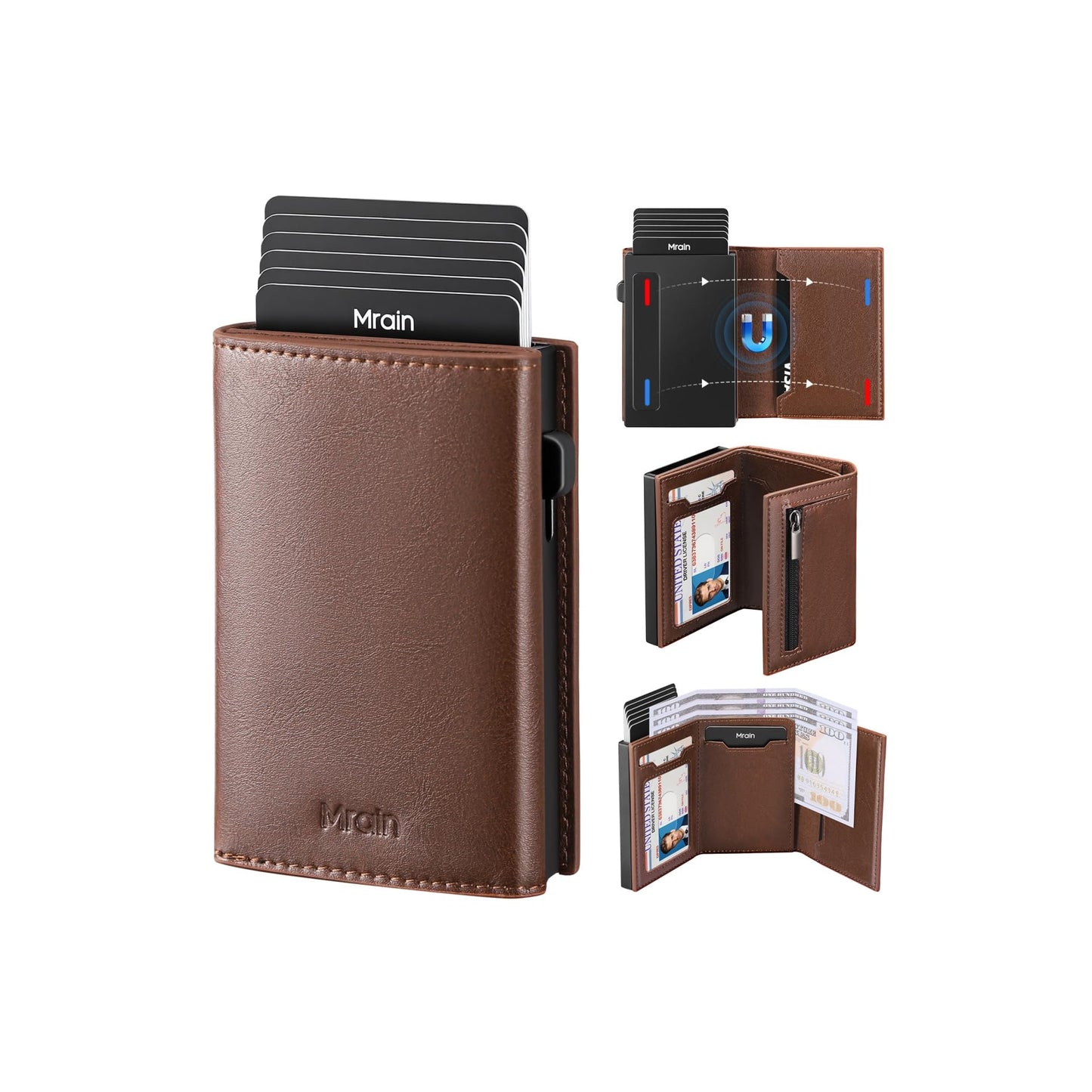 Mrain Mens Minimalist Slim Wallet Card Holder with Coin Pocket, Cash Slot, Magnetic Closure, Pop Up Aluminum Case, ID Window, Leather Wallet, RFID Blocking, 9-13 Card Capacity, Wax Brown