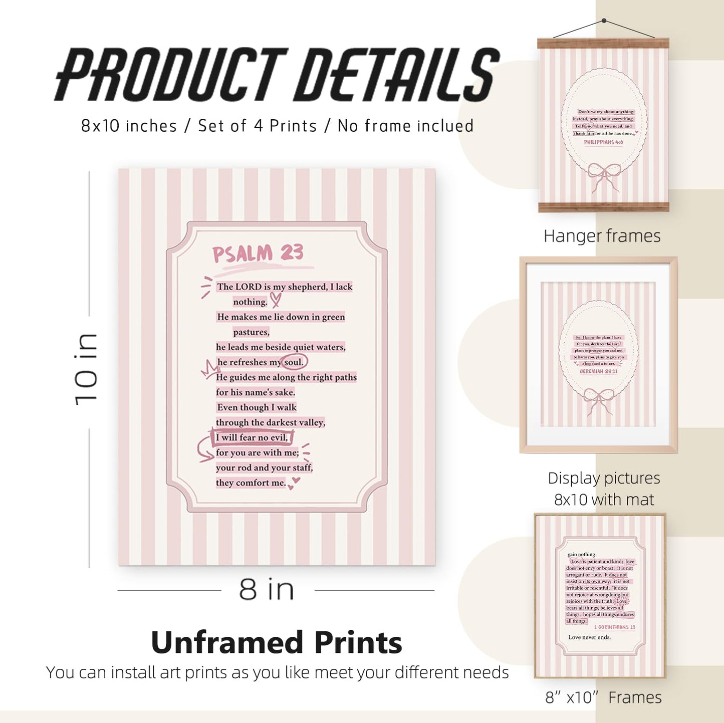 SkyCozy Pink Christian Wall Art Set of 4, Trendy Preppy Inspirational Bible Verses Wall Art Prints Dorm Decor for College Girls, Teen Girl Room Decor，Clean Girl Room Decor 8x10 (Unframed)