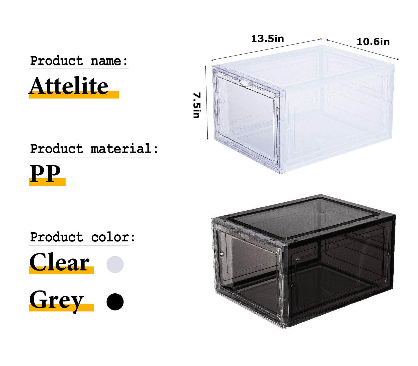 Attelite Shoe Box,Set of 6,Stackable Plastic Clear Shoe Box Organizer with Magnetic Door,Shoe Storage Box Thicken Sturdy,Easy Assembly,Fit up to US Size 12,Black