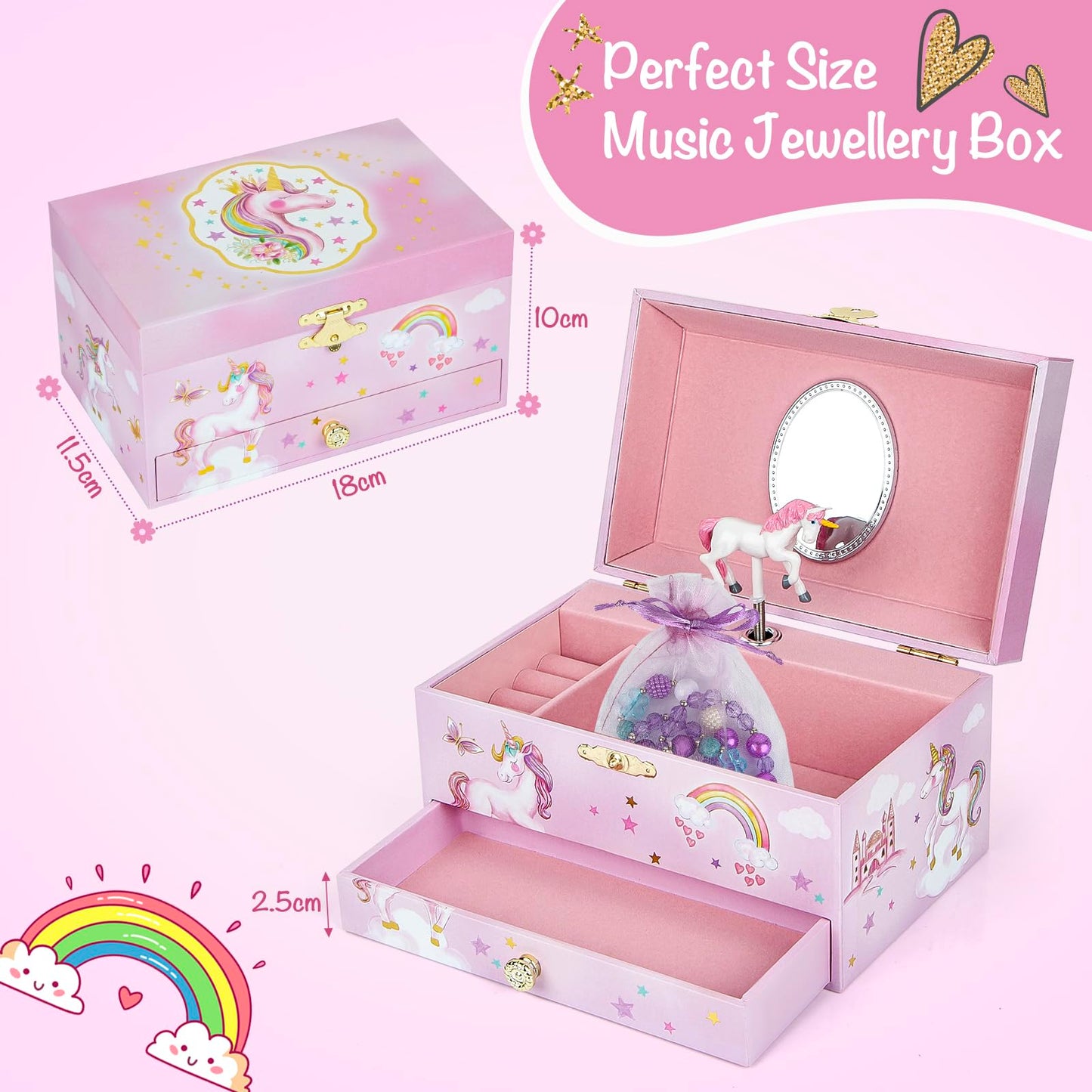 hombrima Music Jewellery Box with Drawer Necklace Bracelet, Musical Jewelry Storage Case with Spinning Ballerina Gift Set for Kids Girls Children Daughter (Pink Horse)