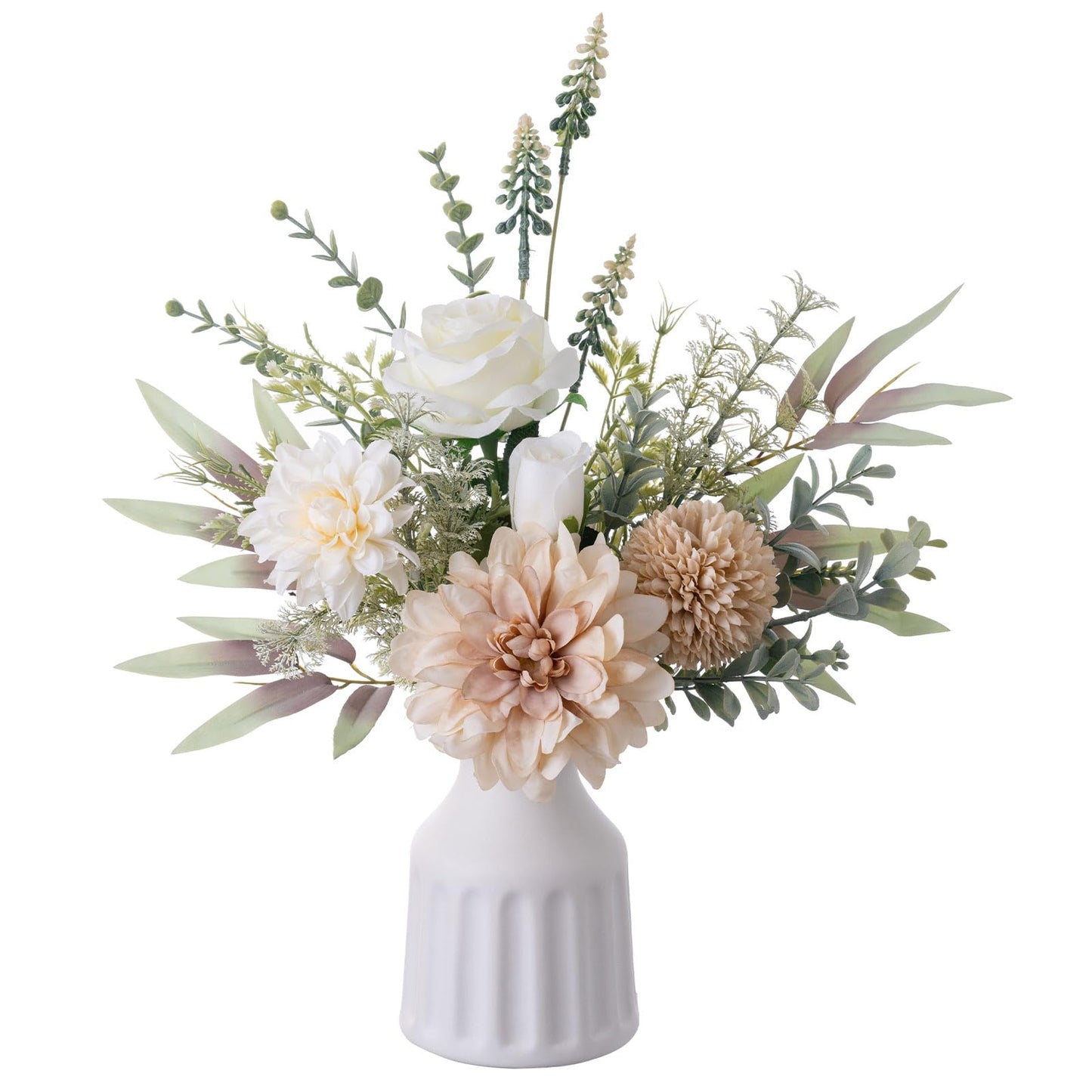 Fake Flowers in Vase, Artificial Flowers with Vase, 15.7'' Floral Arrangements for Dining Table Centerpiece Decor, Silk Roses & Faux Dahlia Bouquet for Farmfouse Kitchen Coffee Table Decor (Brown)