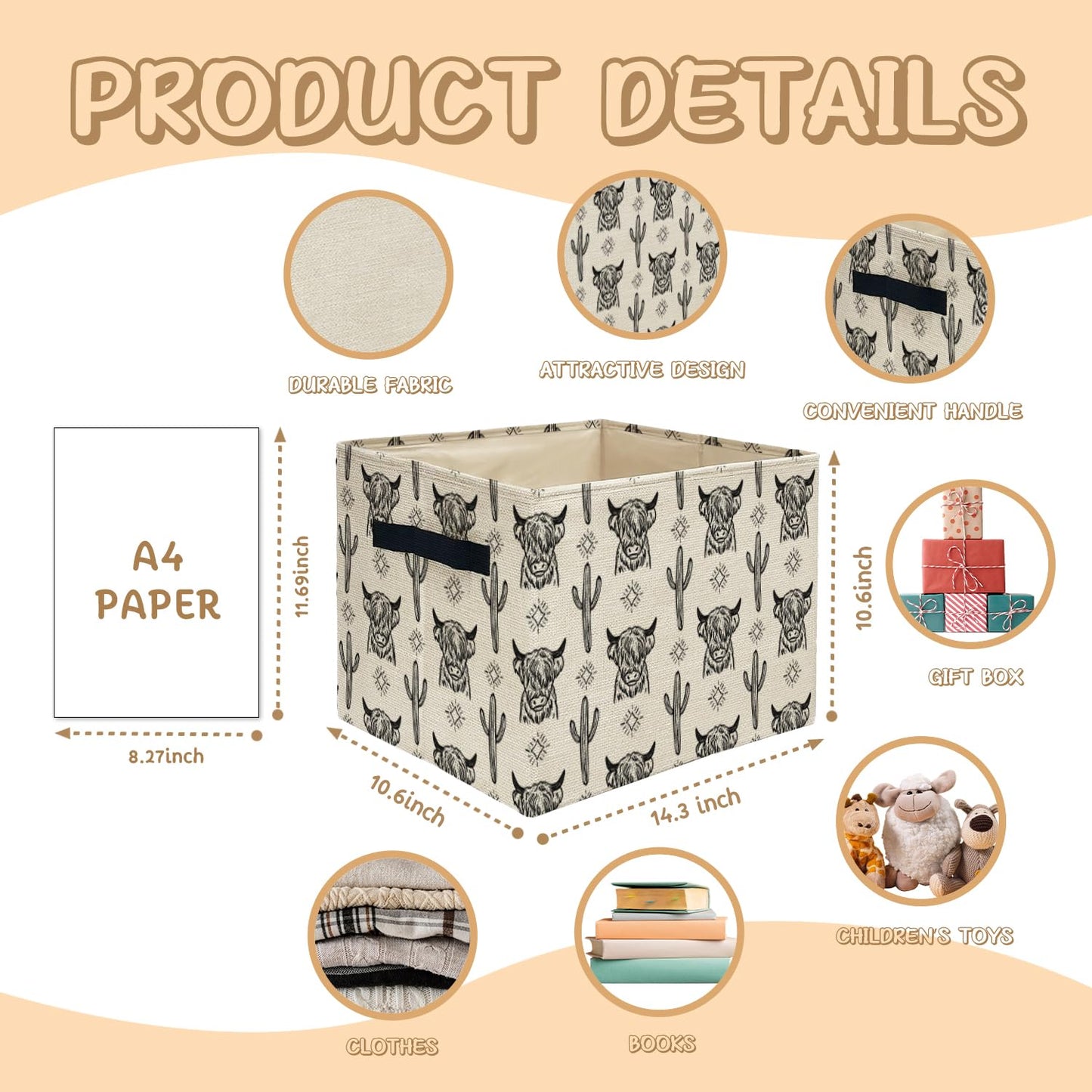ATBWGT Western Highland Cow Storage Bins Box, Toybox for Boys Girls, Retro Western Cactus Cow Foldable Storage Baskets Organizer for Bedroom Bathroom Kids Room Dorm Clothes Toys Books