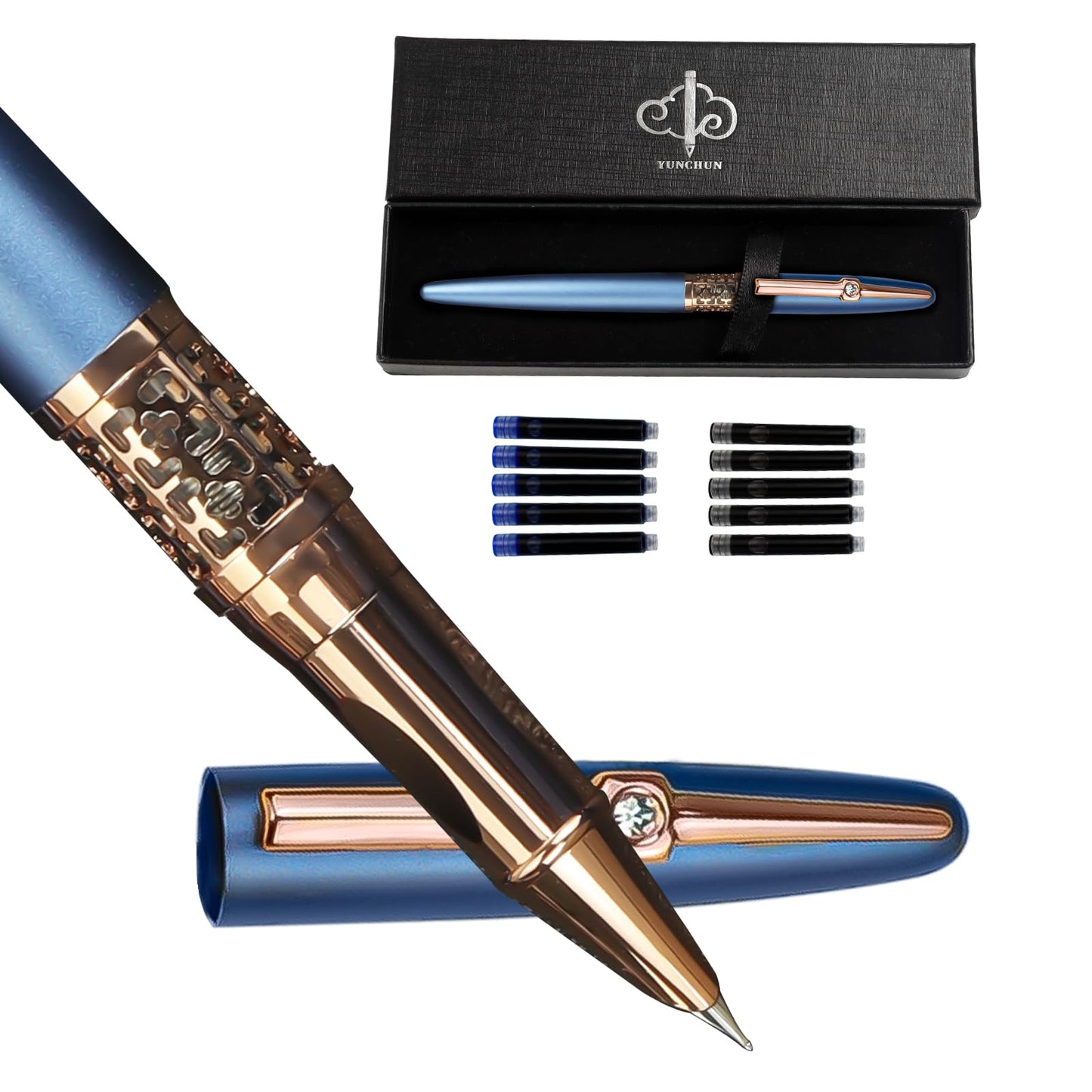 YUNCHUN Refillable Fountain Pen Fine Nib, Fancy Ink Pen with 10 Black & 10 Blue Ink Refills Cartridges, Cool Ink Pens for Writing, Business Metal, Best Gift Set for Men & Women, Blue