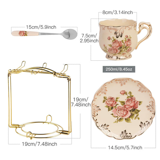 YOLIFE 8 OZ Pink Rose Tea Cups and Saucers Set of 6, Ivory Vintage Floral Porcelain Teacups Set, Coffee Cups with Golden Rack