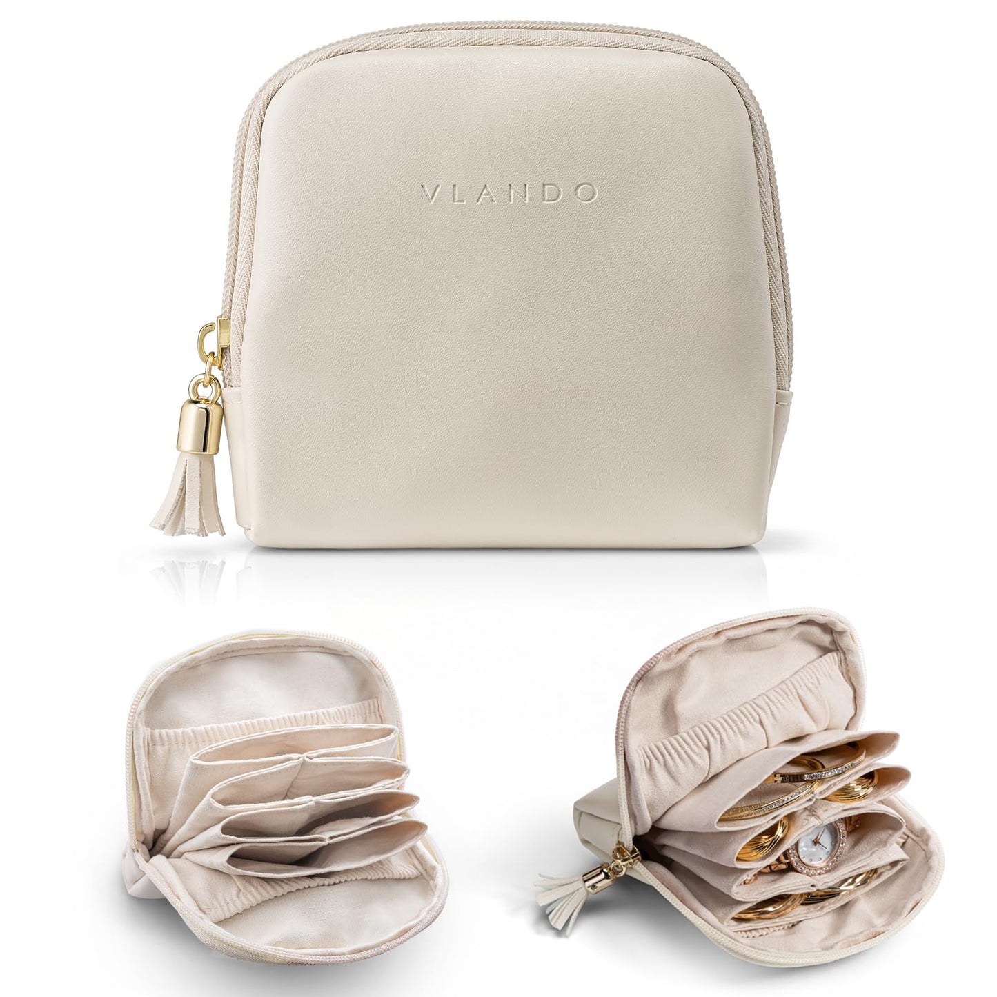 VLANDO Small Travel Jewelry Case,Mothers Day Gifts,Jewelry Pouch Bags with Zipper,Velvet Jewelry Organizer Storage Bag for Bracelet Rings Earring-Cream White