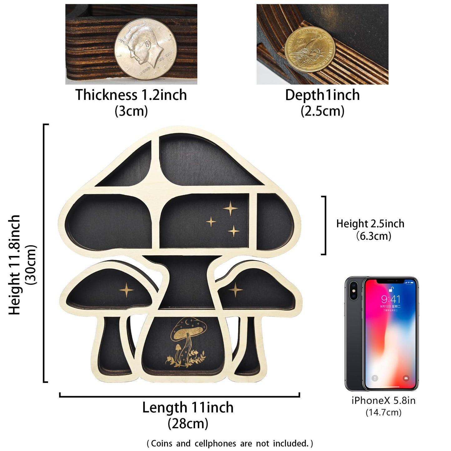 FNYDOX Wooden Mushroom Floating Shelves, Crystal Display Shelf for Wall, Cute Mushroom Wall Decor, Rock Gem Stone Storage Organizer, Essential Oil Holder Hanging Case, Meditation Art Spiritual Gift