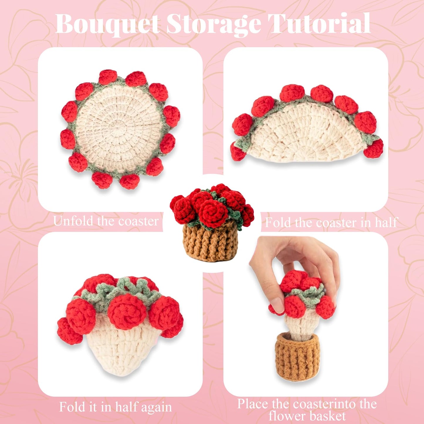 Handmade Crocheted Floral Coasters, Crocheted Bouquet Blankets Paired with Mini Crocheted Flower Pots—Perfect for Floral Decorations in Offices, Homes, and Cars (Sunflower)