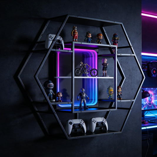 FUSLITE Infinity Mirror Gaming Floating Shelves with LED Lights, Hexagon Wall Mounted LED Shelf with RGB App Control, 36.6" Large Display Rack for Gaming Room Decor, Action Figures, Collectibles