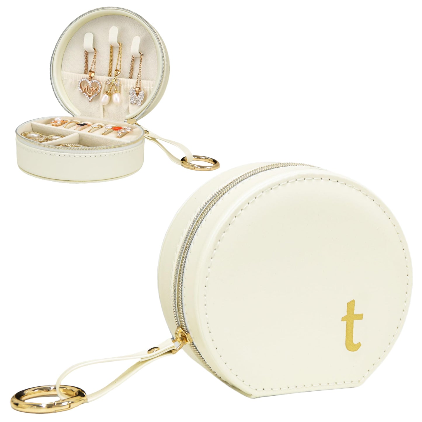 COLLECTIVE HOME Monogram Jewelry Box for Travel - 4.5 Inch Spacious Organizer with Zipper Closure, Gold Chain & Letter Engraving, Personalized Gift Case for Women/Bridesmaids (t)