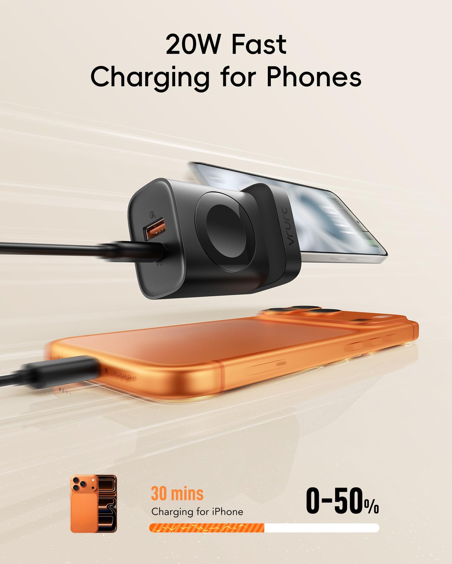 VRURC Charger for iPhone & Apple Watch, 20W USB C Fast Charging Block, 3-in-1 Compact Travel Adapter with 2 Port for iPhone 17/16/15/14/13, Wireless Magnetic for iWatch SE/11/10/9/8/7/6/5/4-Black