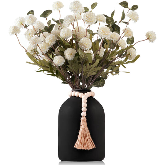 Toetopfae 20''H Fake Flowers in Large Vase for Centerpiece Table Decorations with 10Pcs Fake Mums Flowers Eucalyptus Stems Faux Pompon Kiku Flowers Arrangement for Home Decor (White/Black Vase)