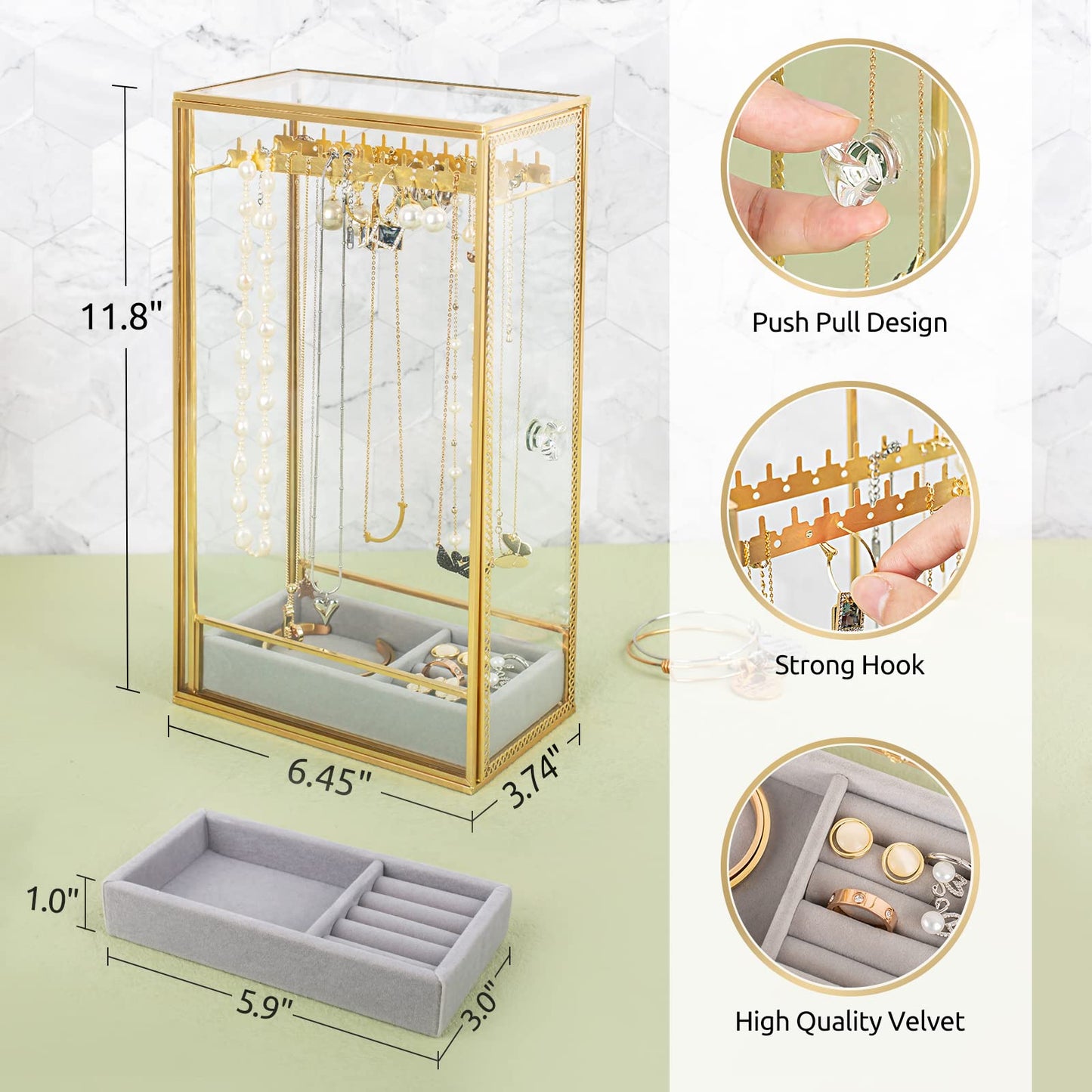 Glass Necklace Organizer Holder, Jewelry Organizer Necklace Holder with Hanging Hooks, Glass Necklaces Display Case for Storage Rings Earrings