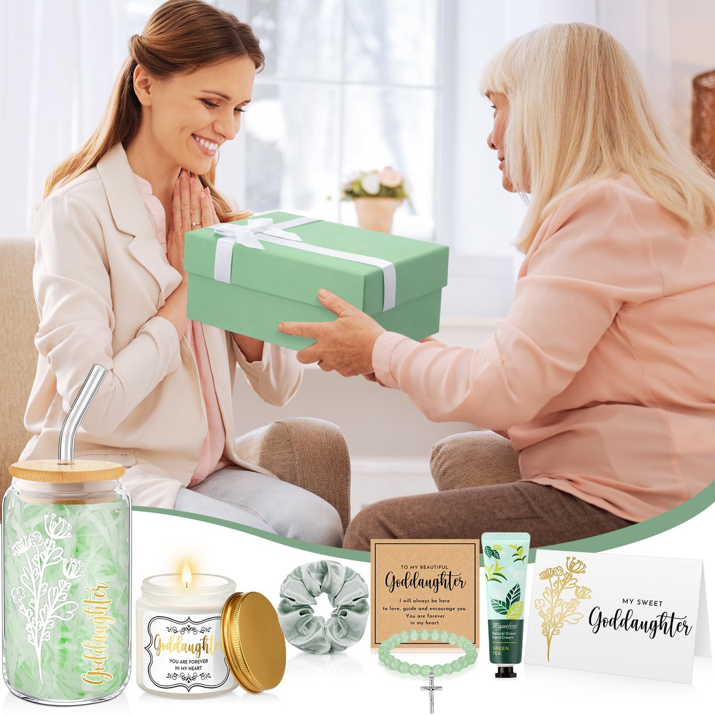 Teenyyou 9 Pcs Goddaughter Gifts from Godmother Glass Cup Bracelet Scented Candle Cream Hair Scrunchies Card Gift Box Set for Goddaughter Baptism(Sage Green)