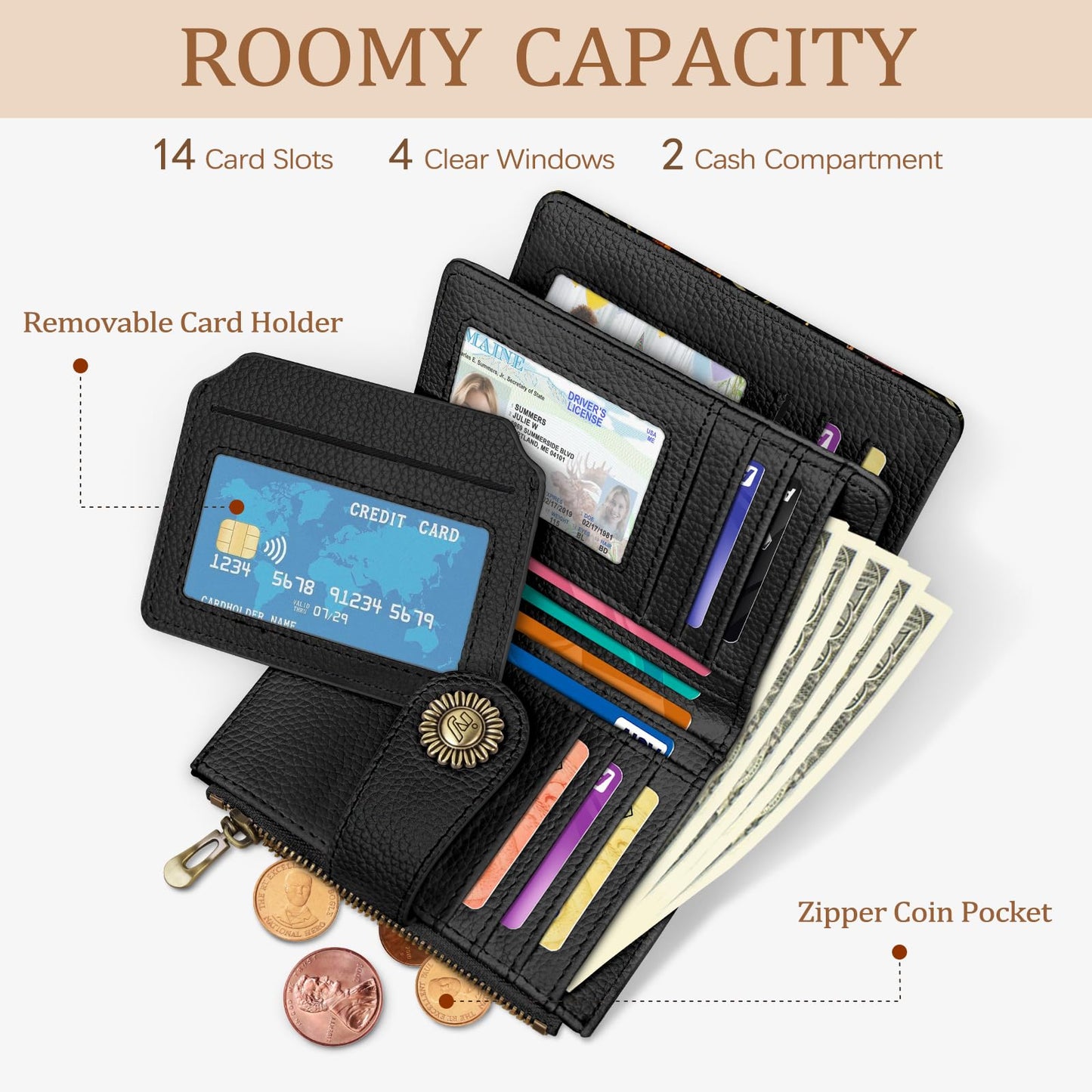 Icycay Book Witchy Wallet Women Small RFID Blocking Bifold, Credit Card Holder, Zipper Coin Pocket, PU Leather, Compact, Travel, 4 ID Window, 14 Card Slots, Cash Purse, Ladies Woman Female Girls