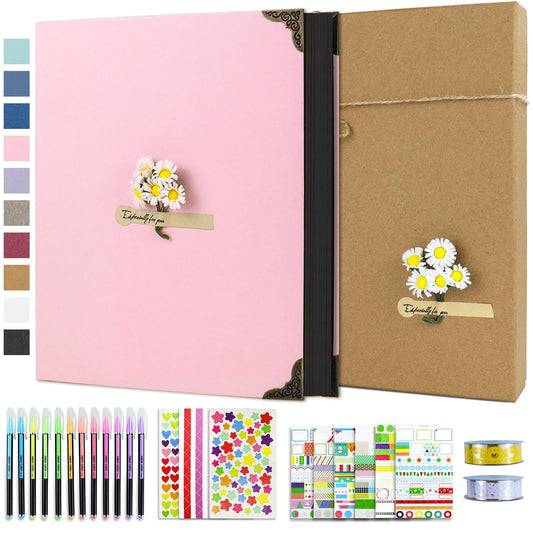 Vienrose DIY Scrapbook Photo Album Kit with Pens Tapes and Stickers 60 Pages Hardcover 8.5x11 Inches 3 Rings Removable Black Paper Scrapbooking Gift for Lover Friends Kids Wedding Valentine's Pink