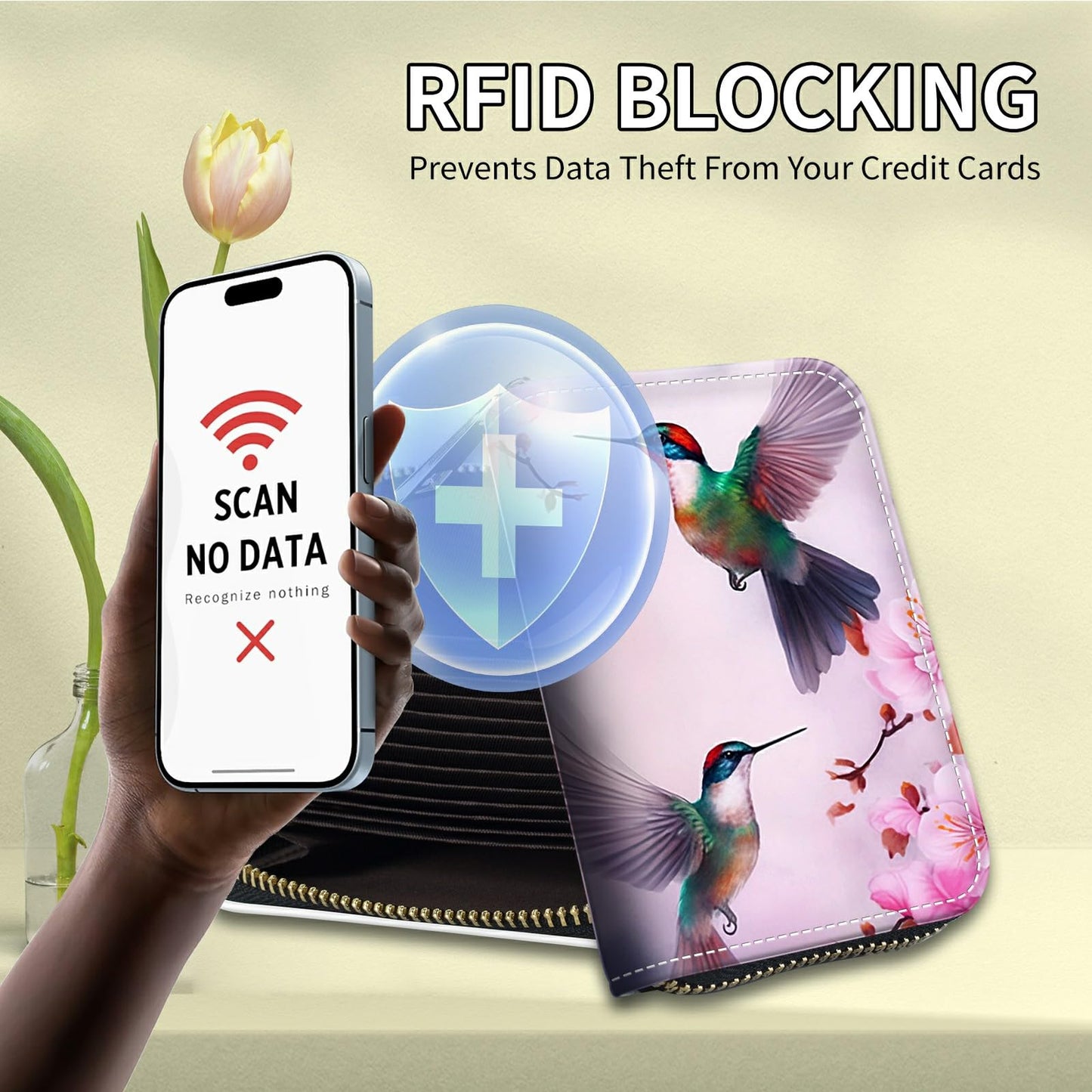 DIGTIALL Hummingbird Flower Credit Card Holder for Women with Zipper Small Credit Card Wallet PU Leather RFID Blocking Wallet Card Organizer Wallets Accordion Wallets Gift for Women or Men