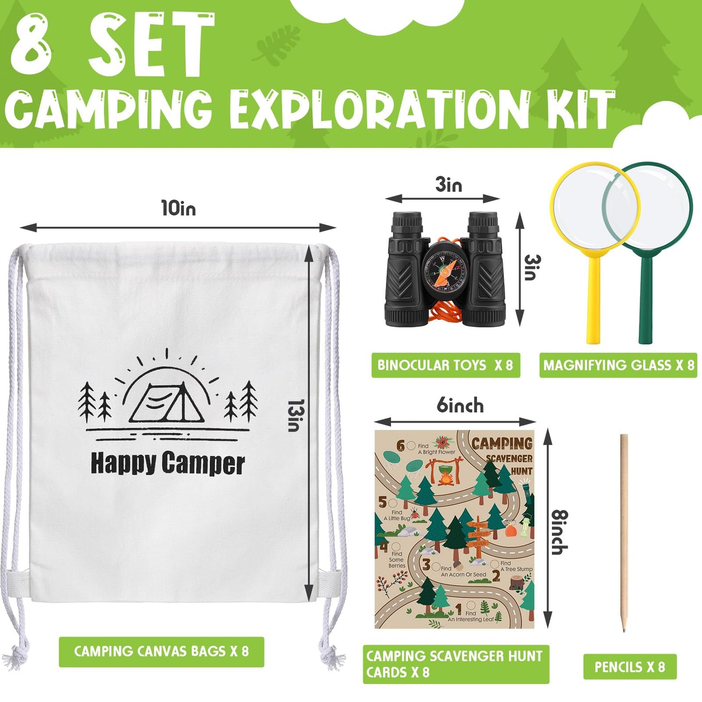 HyDren 8 Sets Camping Party Favors for Kids Safari Party Favors with 8 Camping Scavenger Hunt Cards 8 Canvas Gift Bags 8 Binocular Toys 8 Magnifying Glass 9 Pencils Outdoor Exploration Kit