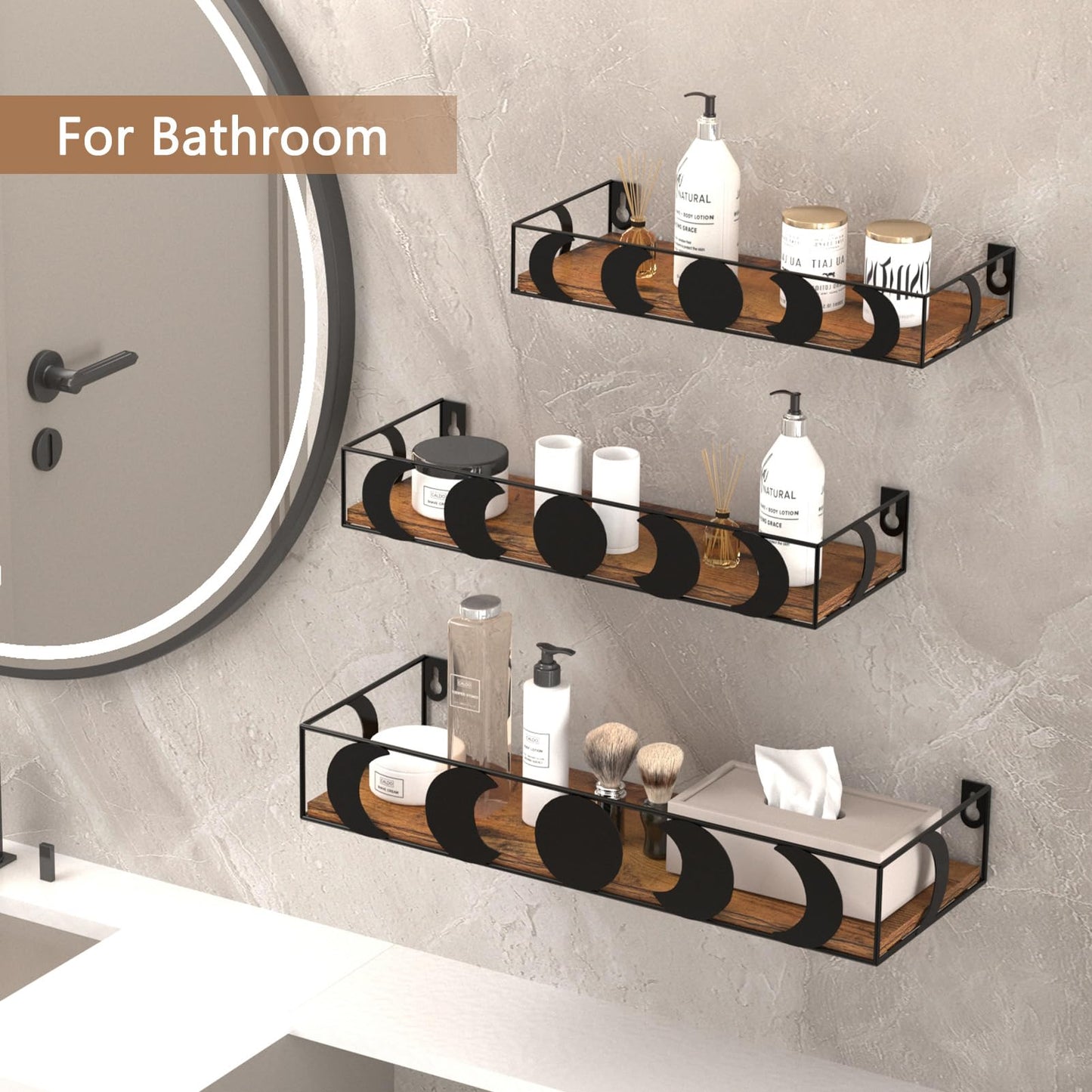 PHAREGE Black and Brown Floating Wall Shelves, Set of 3 Moon Phase Decorative Small Shelves for Bedroom Kid Room, Display Shelf for Crystal Collectibles Figurine