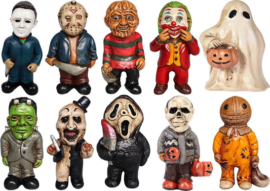 Horror Movie Garden Statue, 10pcs Horror Movie Garden Gnomes Killer Set, Nightmare on Elm Street Murderers Michael Myers Freddy Jason Halloween Zombie Gnome Resin Figurines for Halloween Decor
