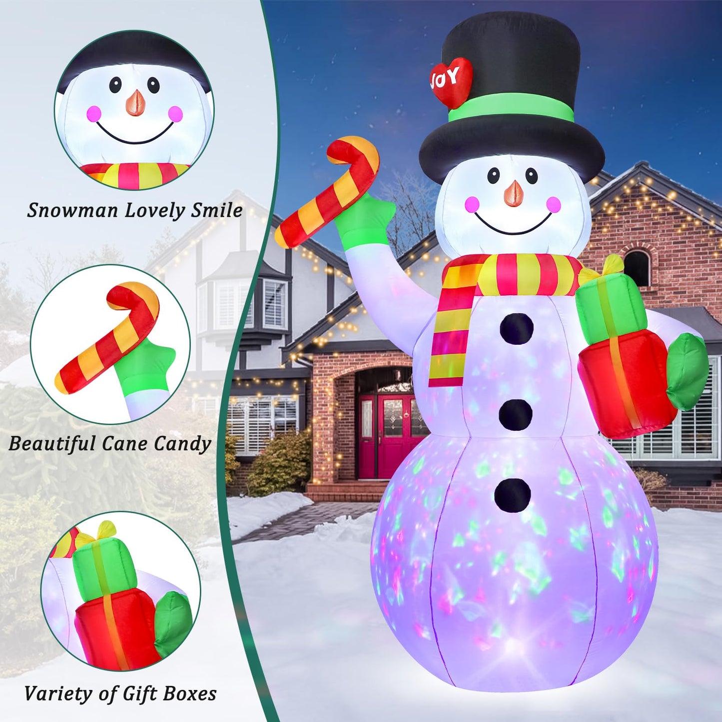 FunFanso 7 FT Christmas Inflatable Snowman Outdoor Decoration, Giant Blow up Snowman Holds Candy and Gift Boxes, Built-in Rotating Colourful Lights for Yard, Garden, Patio, Lawn Xmas Holiday Decor