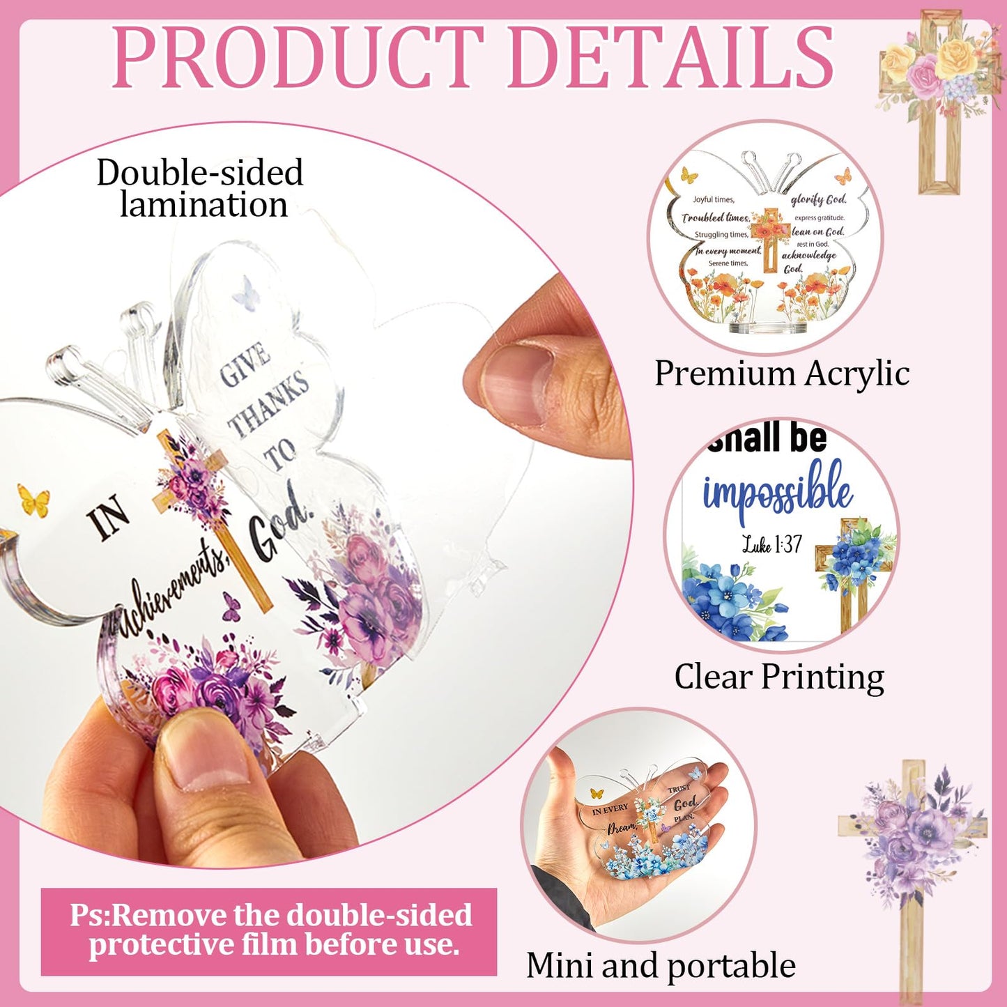 20 Sets Butterfly Acrylic Sign with Stand Christian Gifts Bulk Religious Bible Verse Desk Decor with Cards Organza Bags Inspirational Church Gift for Women Mother Girls Birthday Party Favor Faith Gift