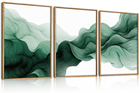 Aurlan Large Abstract Green Waves Framed Canvas Wall Art Set,Modern Minimalist Smokes Wall Decor,Neutral Watercolor Brush Stroke Lines Artwork for Living Room,Bedroom,Office-24 x36 x3