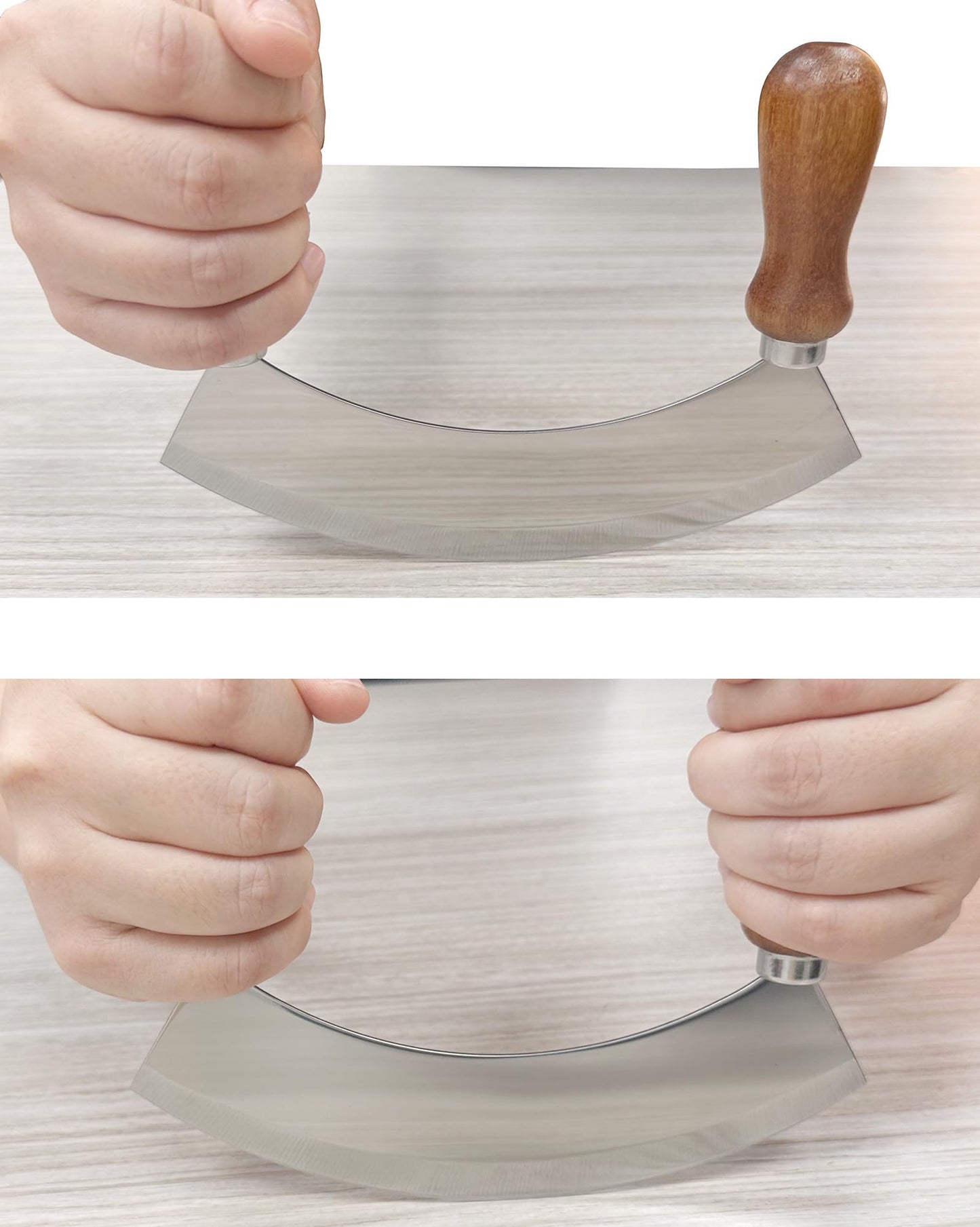 ROQILA 6.8 Inch Stainless Steel Mezzaluna Knife - Salad Chopper Rocker Pizza Cutter Rocker Knife Curved Blade Sharp Blade Double Acacia Wood Handle Fruit Vegetable Mincing (6.8 Inch Silver)
